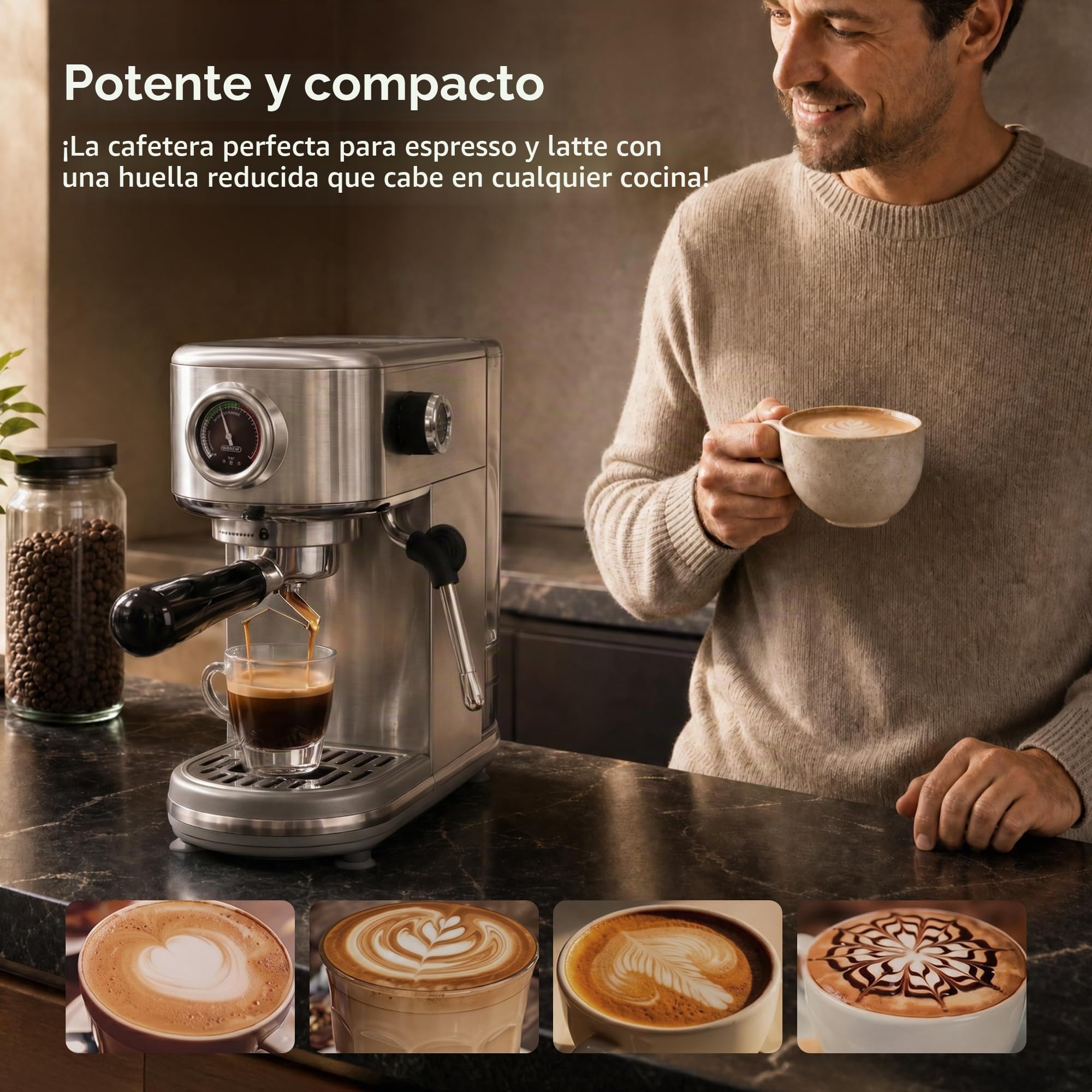 HIBREW H10B Máquina de Espresso Programable con Pantalla LED y Manómetro | Cafetera Compacta de Acero Inoxidable 20 Bar con Espumador de Leche, Portafiltro 51mm para Capuchino y Latte