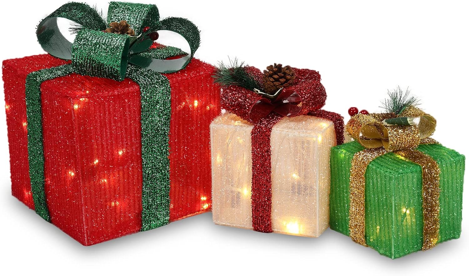 Generic Set of 3 Christmas Lighted Gift Boxes, Pre-lit 60 LED Light Up Present Boxes, Multicolor, Warm White, Red, Green, Christmas Tree, Lawn, Yard, Garden, Indoor, Outdoor, Holiday Home Decor