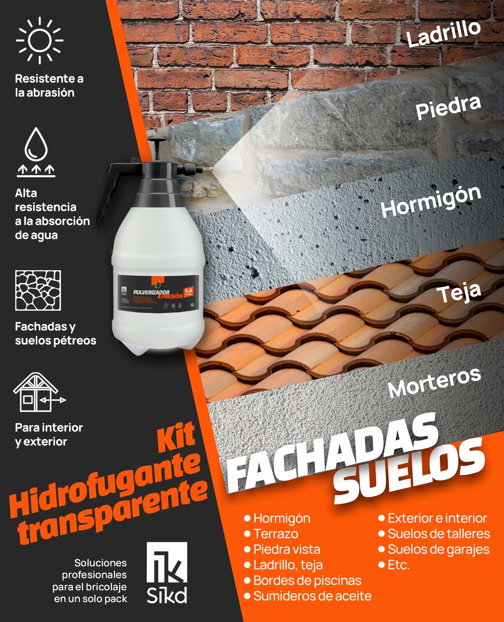 SIKD - Impermeabilizante Transparente. Hidrofugante Repelente al Agua para Fachadas y Suelos Pétreos 5 Litros. Pulverizador a Presión de 2 L para su Aplicación