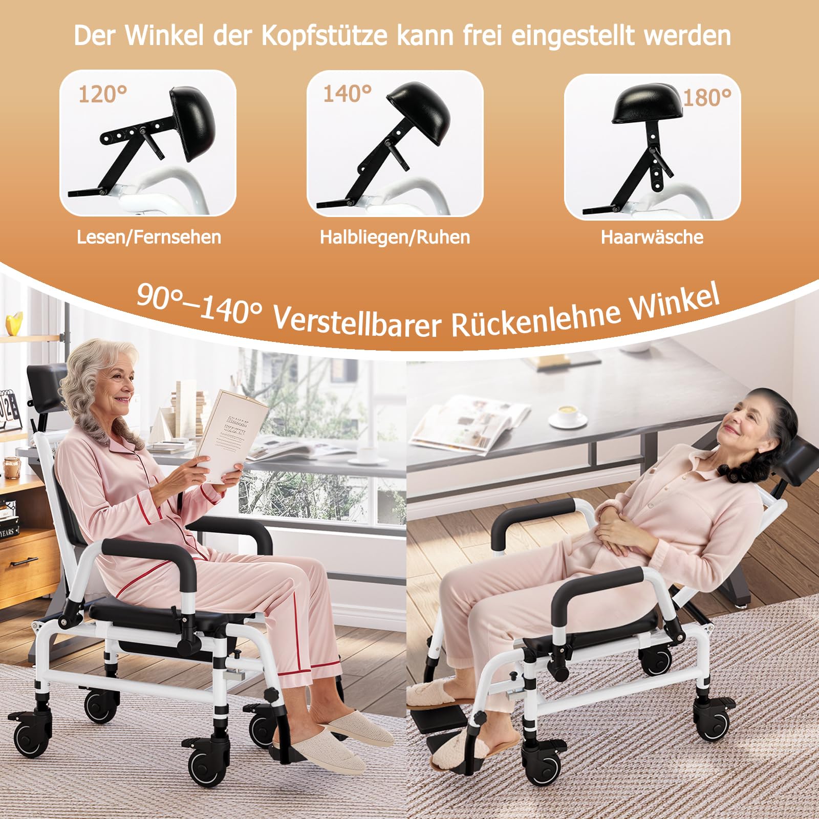 NJUN Duschrollstuhl mit Liegefunktion, Fahrbar Toilettenstuhl für Senioren, Toilettenrollstuhl Fahrbar mit Feststellbare Rollen, Verstellbarer Rückenlehne, Kopfstütze und Toiletteneimer