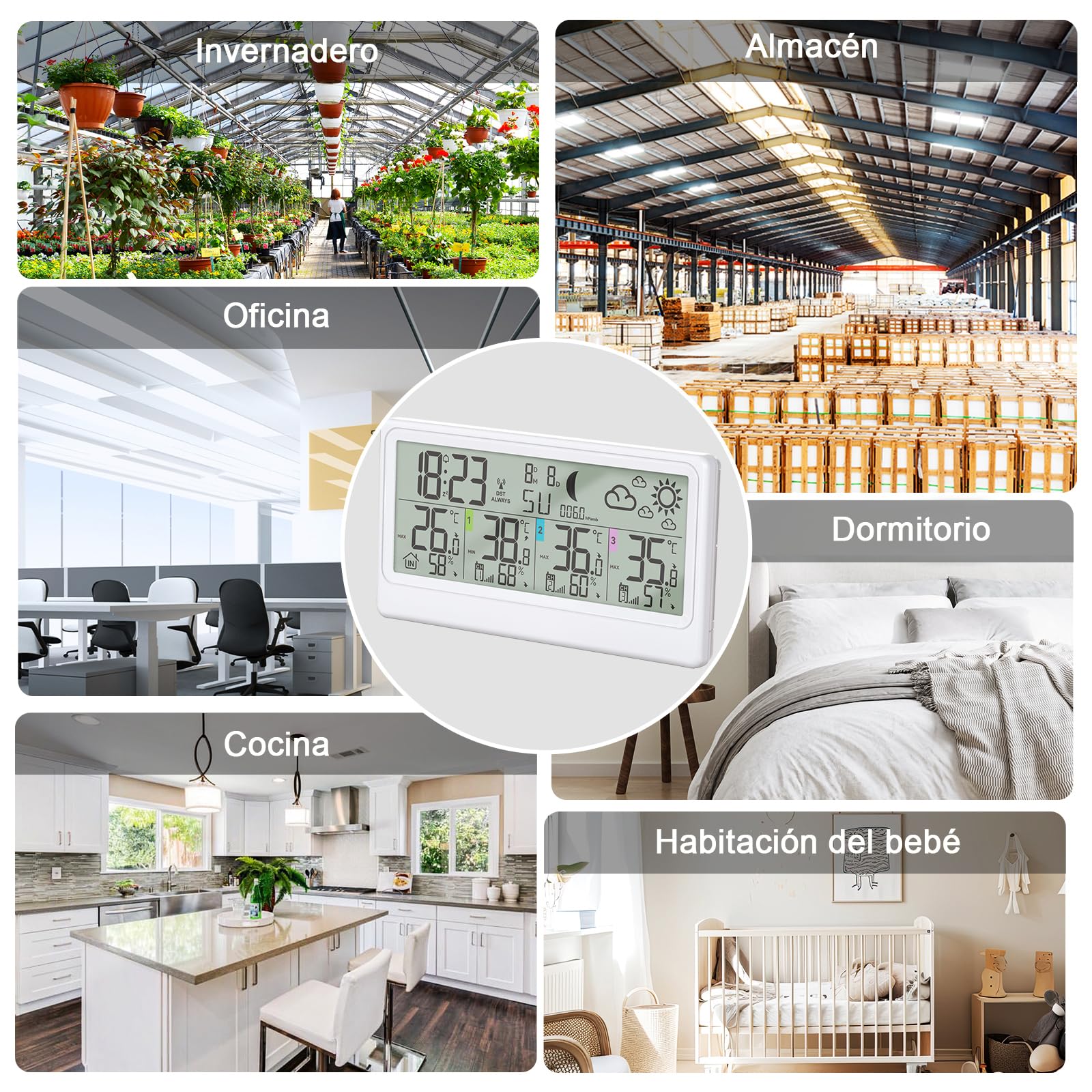 Estacion Meteorologica Inalámbrica Con 3 Sensores, Termómetro Higrómetro Barómetro Interior Exterior Pantalla LED De 8.5', Reloj Atómico Pronóstico Del Tiempo Temperatura Humedad Reloj Digital Alarma