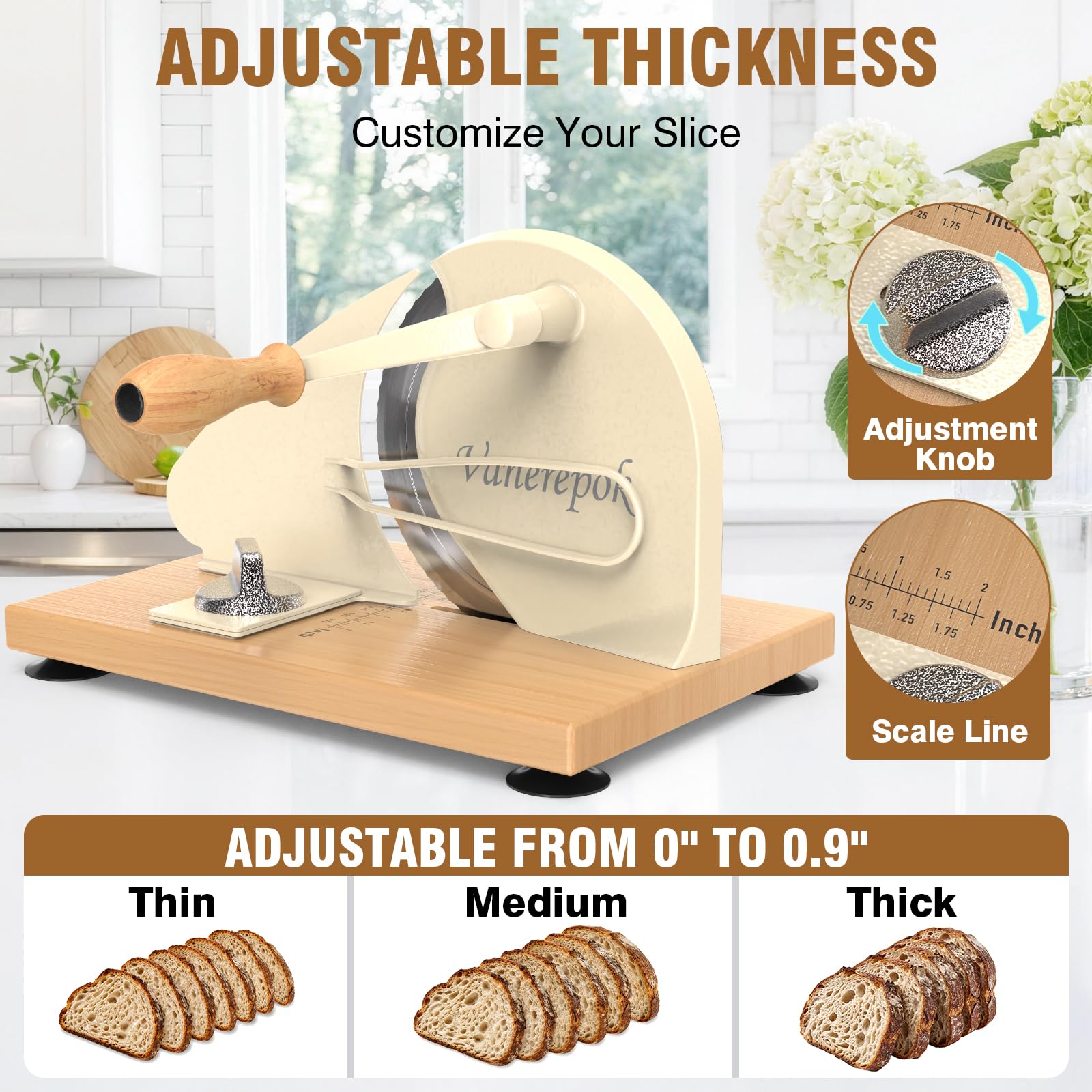vanerepok Upgrade Manueller Brotschneider für hausgemachtes Sauerteigbrot, klassischer Handkurbel, Heimbrotschneider mit Skalenlinie und Stahlzaun, scharfe Klinge, verstellbare Breite für hausgemachte