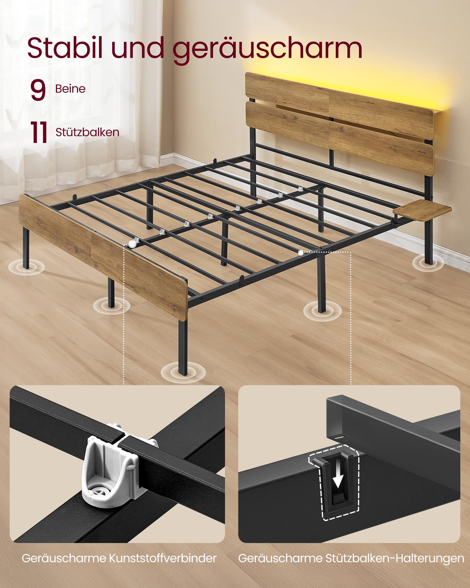 VASAGLE Doppelbettgestell, Bett, 140 x 200 cm, Metallrahmen, LED-Beleuchtung, USB-A- und USB-C-Anschluss, Unterbettaufbewahrung, Industrie-Stil, einfache Montage, naturbraun RMB104HC01