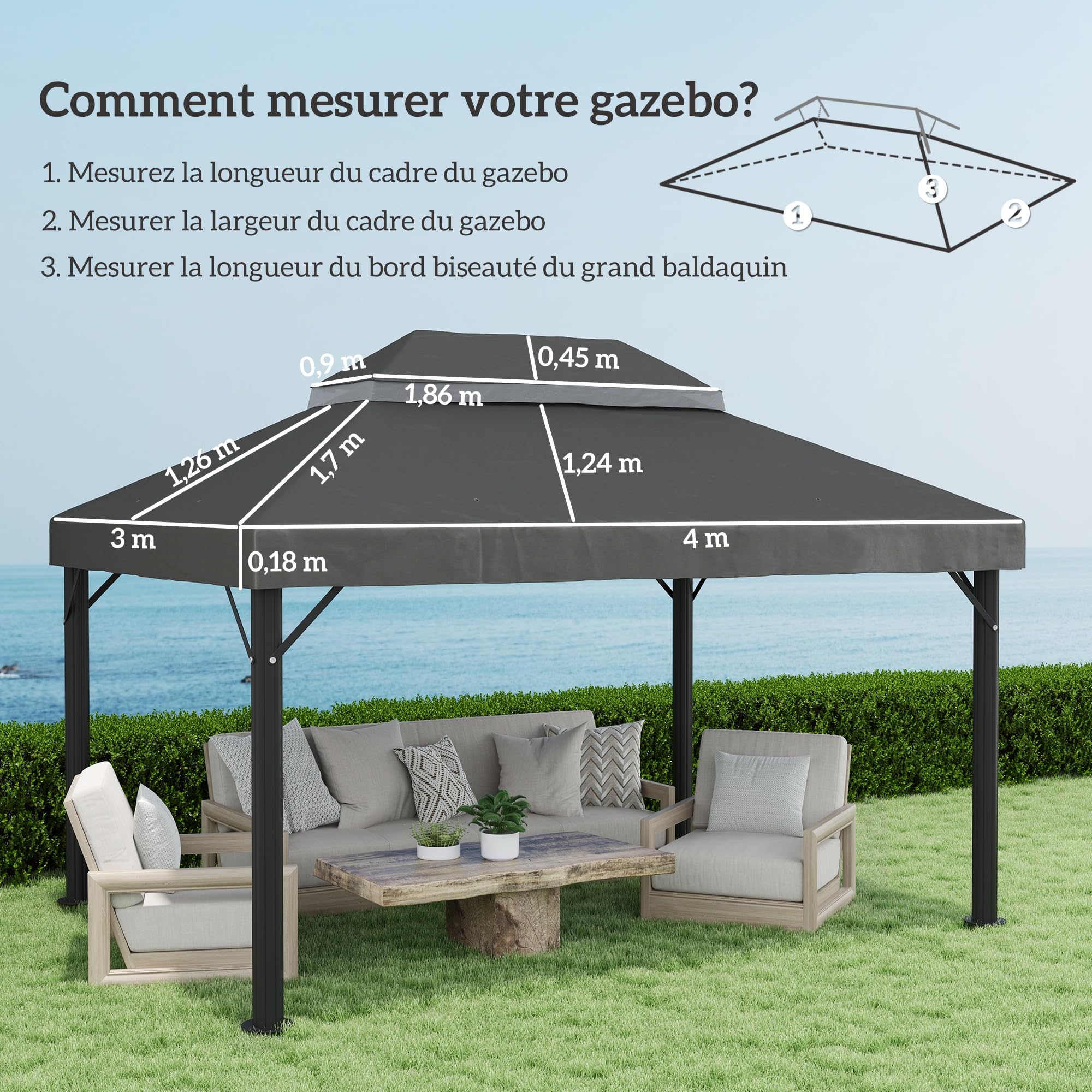 Outsunny Toile de Rechange pour Pavillon 4x3 m, Toit Double, Polyester 370 g/m², UPF30+, Gris Foncé