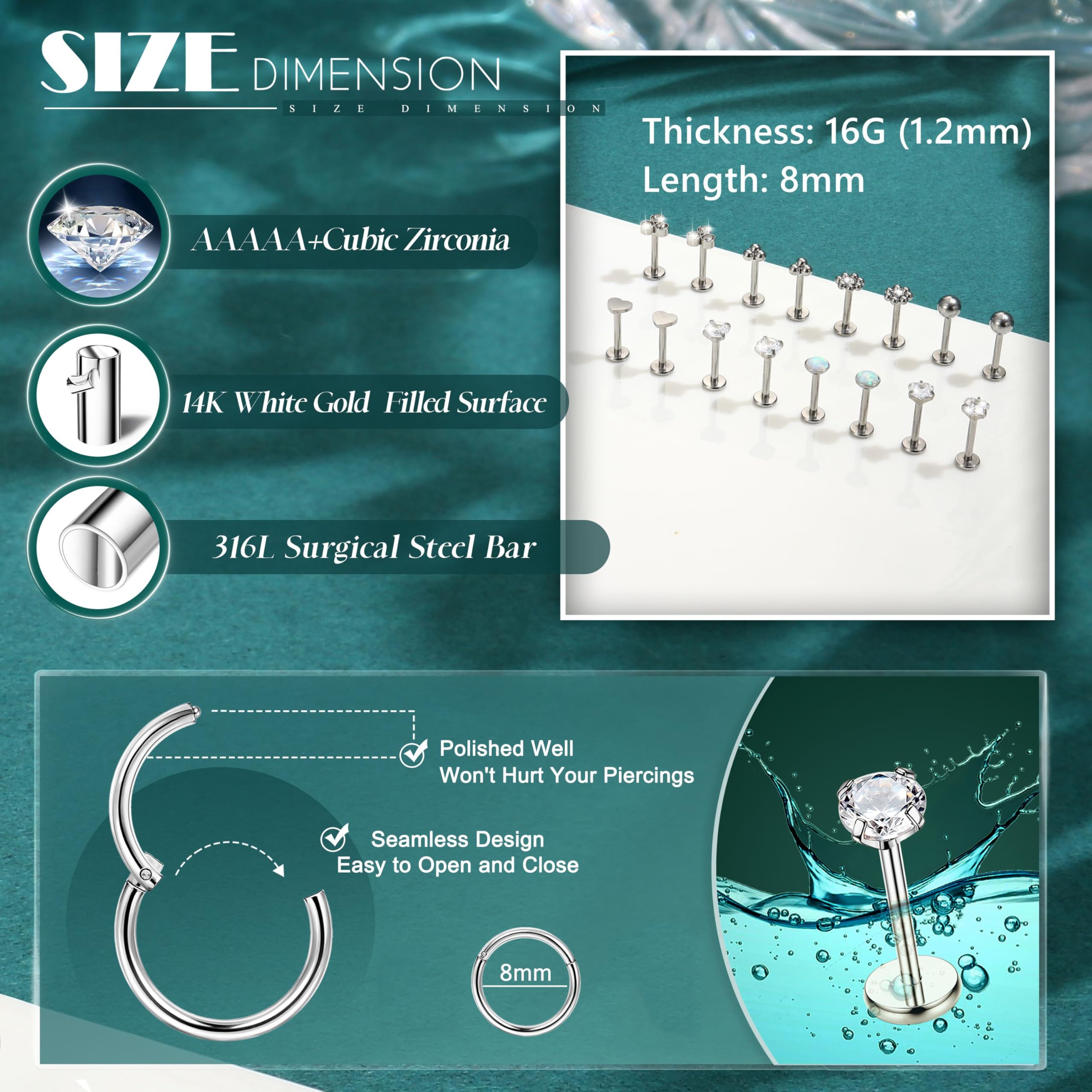 HHRFCS 16G Piercing Helix Biżuteria Gwintowany wkręt do nosa Labret Szpilki Kolczyk w nosie Kolczyki z płaskim tyłem Stal chirurgiczna Helix Hoop Muszla Daith Lip Piercing Tragus Srebrne Złoto