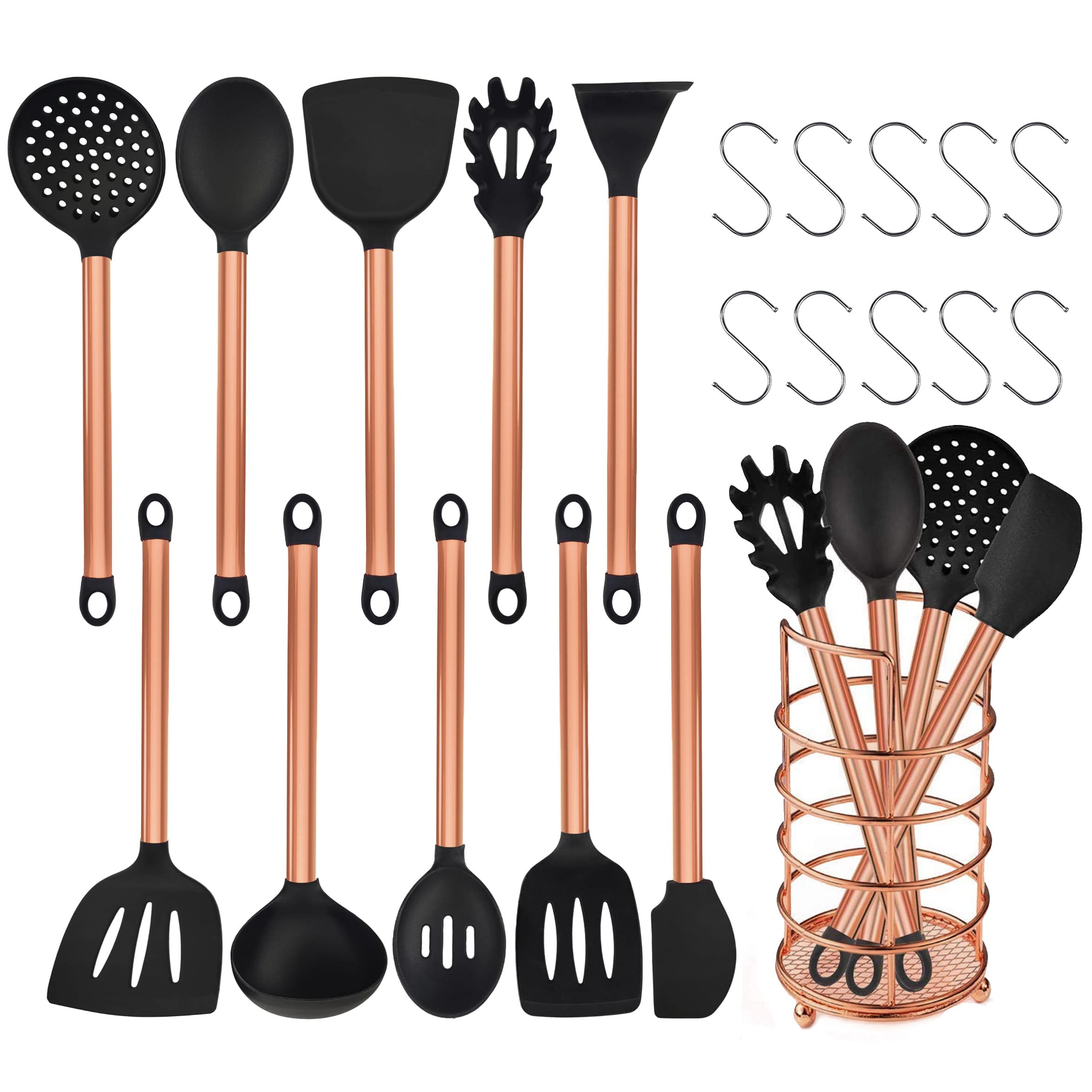 20PCS Kitchen Cooking Utensils Set,Silicone Kitchen Utensils,Copper Plated Handle,Non-Stick Silicone Cooking Kitchen Utensils Spatula Set with Holder (Black)