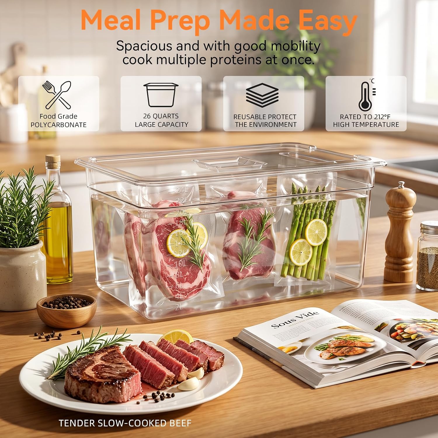 26 Qt Large Sous Vide Container with Lid & Insulated Sleeve