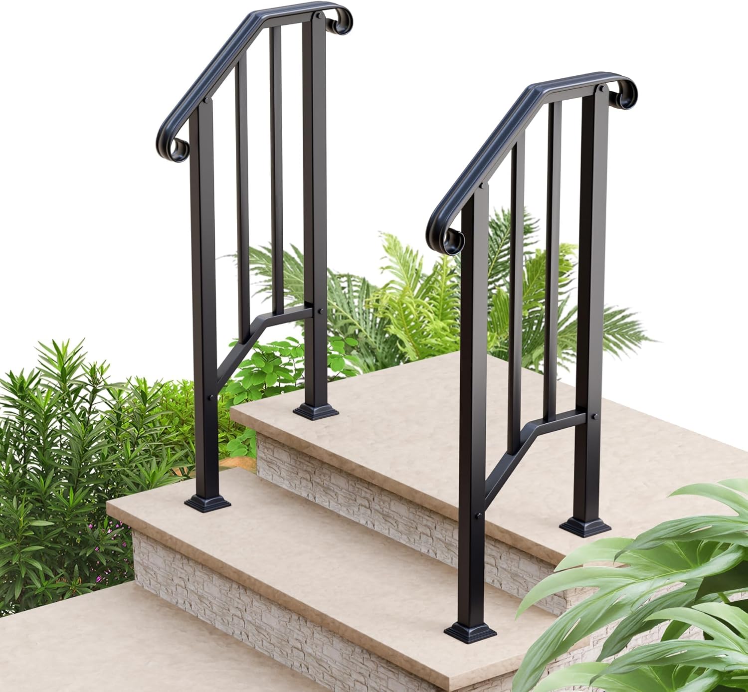 2 Step Handrails for Outdoor Steps, Fit 1 or 2 Steps Outdoor Stair Railing for Concrete Steps, Black Wrought Iron Railing, Exterior Hand Railing for Steps Adjustable Metal Hand Rails for Deck Porch