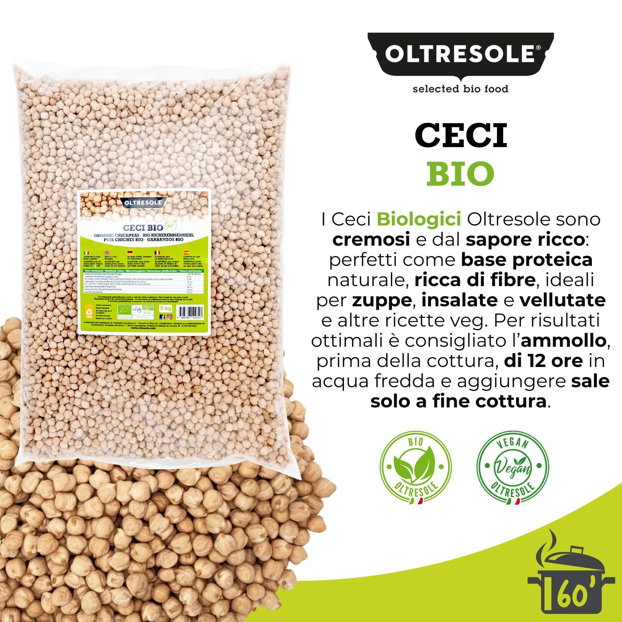 Oltresole, Pois Chiches Bio 5 Kg, Légumineuses sèches biologiques issues de cultures contrôlées, Excellentes pour les soupes, les salades, les légumes et les recettes saines, Format pratique