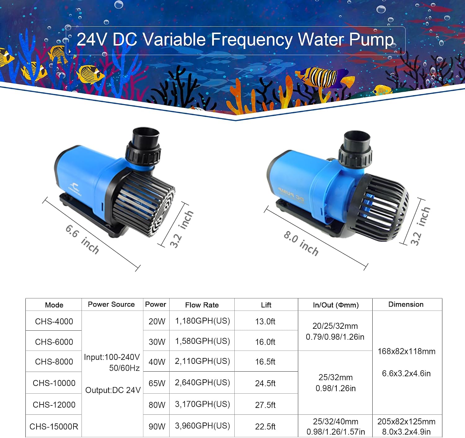 CONQUERALL 1580GPH 30W 16.0ft DC Controllable Pump CHS-6000 Durable Pump Wave Submersible and Inline for Marine Coral Reef Tank Sump Circulation