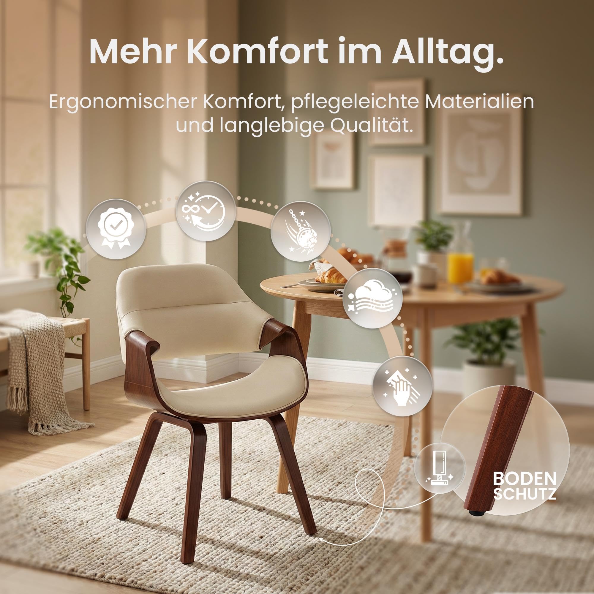 CLP Esszimmerstuhl gepolstert mit Armlehnen Maira, Design-Stuhl ergonomisch in Walnussoptik, Küchenstuhl bis 150 kg belastbar Farbe walnuss/Creme Material Kunstleder