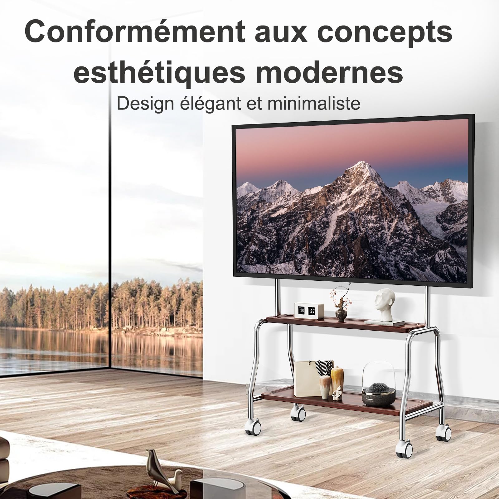 Chevalet de télévision mobile à roulettes pour écrans plats LCD LED OLED de 32 à 75 pouces, en acier inoxydable avec roulettes, 50 kg, VESA 600 x 400 mm (étagère de rangement en bois double couche