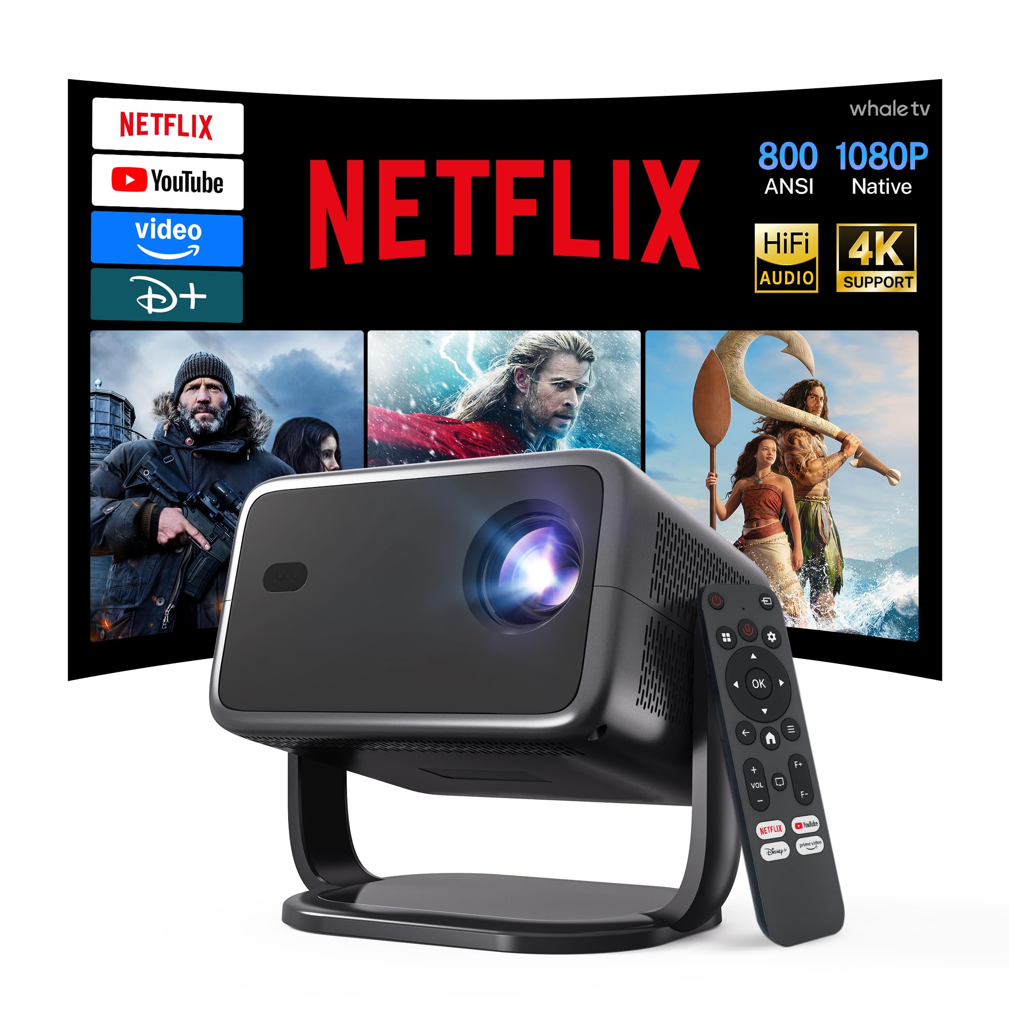 [Compatibile con Netflix e 1080P Nativo] Smart Proiettore Android 13 | 800 ANSI, Supporta 4K, Telecomando Air Mouse, Messa a Fuoco e Correzione Automatica IA, WiFi e Bluetooth, Audio Hi-Res