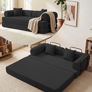 Mjkone Convertible Folding Mattress Couch with Armrest, 4-in-1 DIY Futon Lazy Sofa Lounge Couch, 200 CM W Corduroy Floor Sofa Bed with Metal Fixed-Shape Frame for Living Room Apartmen Studio, Gray