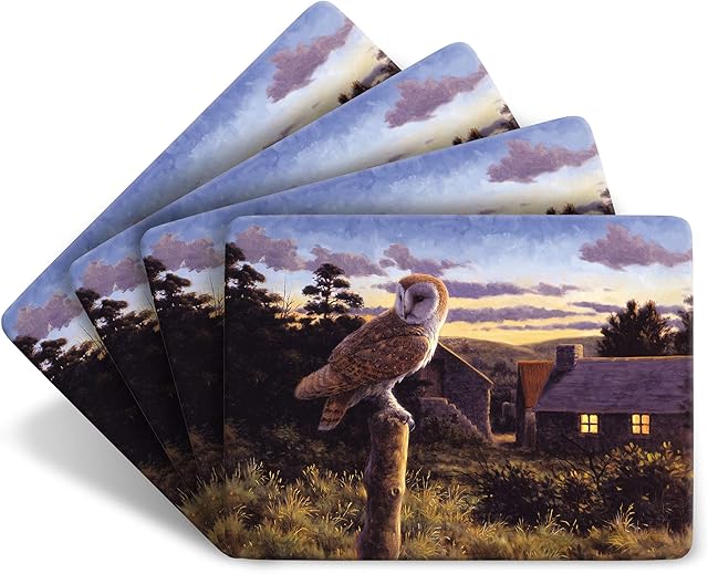Julian Friers Barn Owl at Dusk Large Table Mats by Wildlife Artist Set of 4 - Non-slip - Cork-backed Placemat Set