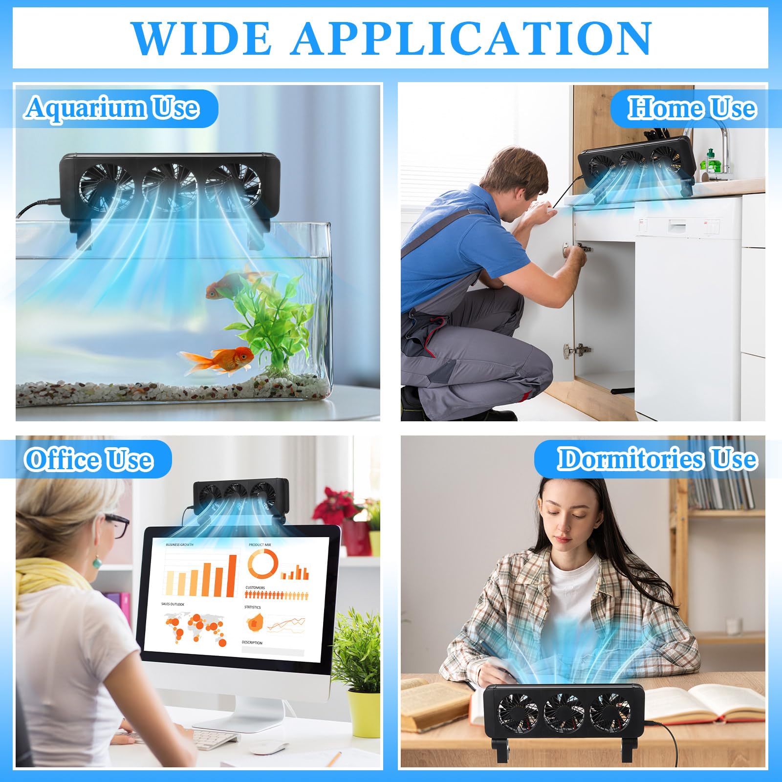 Tujoe 2 ventiladores de acuario de 3 cabezales ajustables con temporizador, 5 velocidades de viento, funcionamiento silencioso para tanques de agua dulce y salada