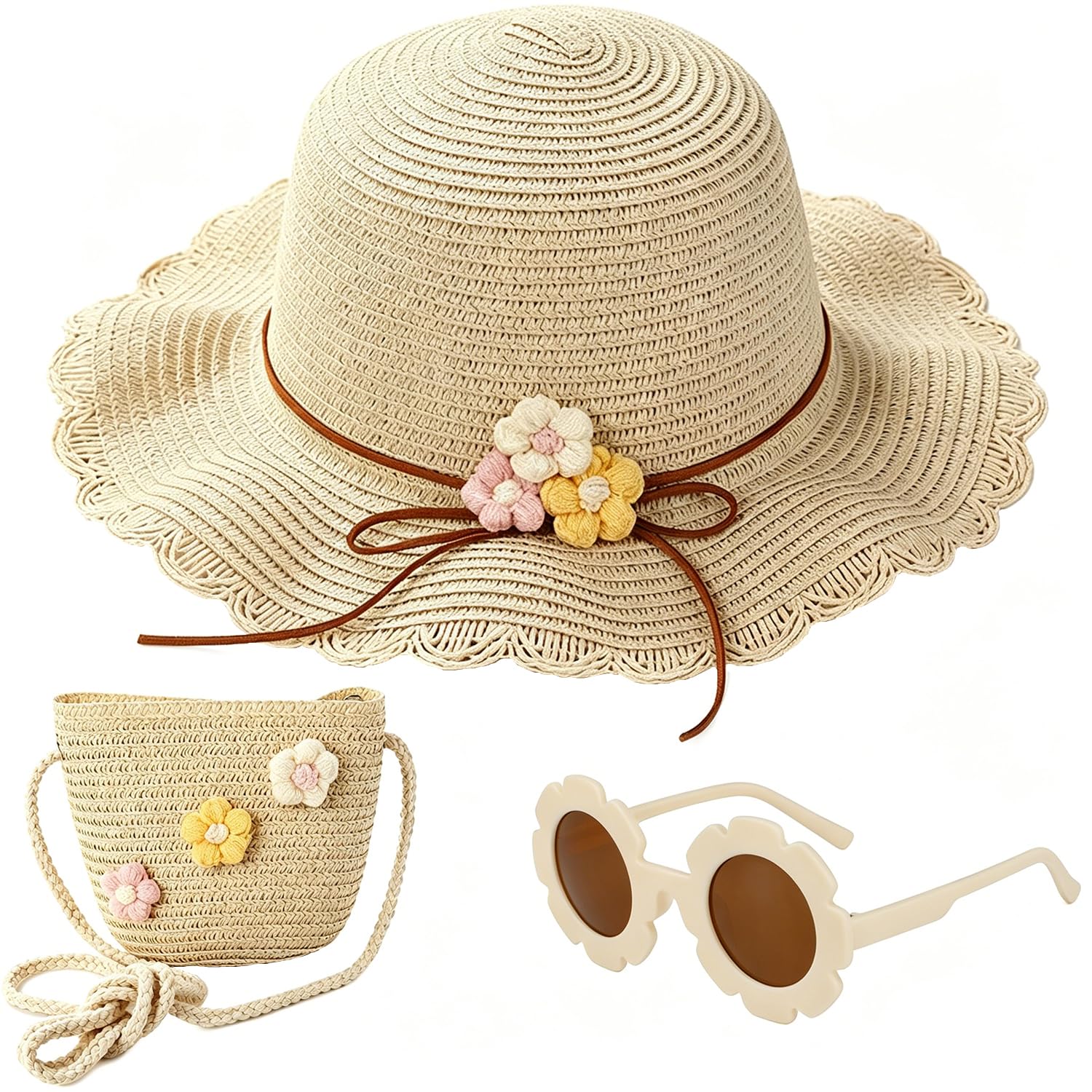 Sombrero de Paja Niñas, Gorra de Sol Chica y Bolsa de Paja Set Gorro de Playa Gafas de Sols Playa de Verano Sombrero Mini Bolsa Cruzada de Pajas Sombreros para Viaje Beach Piscina(Beige)