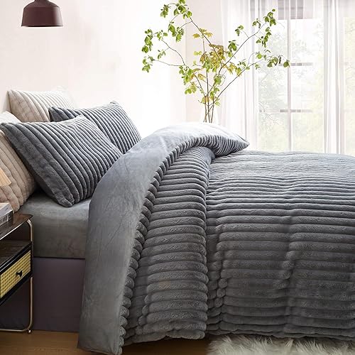 Miniatura 1 de Juego de funda de edredón cálida y esponjosa tamaño Queen, funda de edredón reversible de piel sintética de lujo, 3 piezas, acogedora funda de