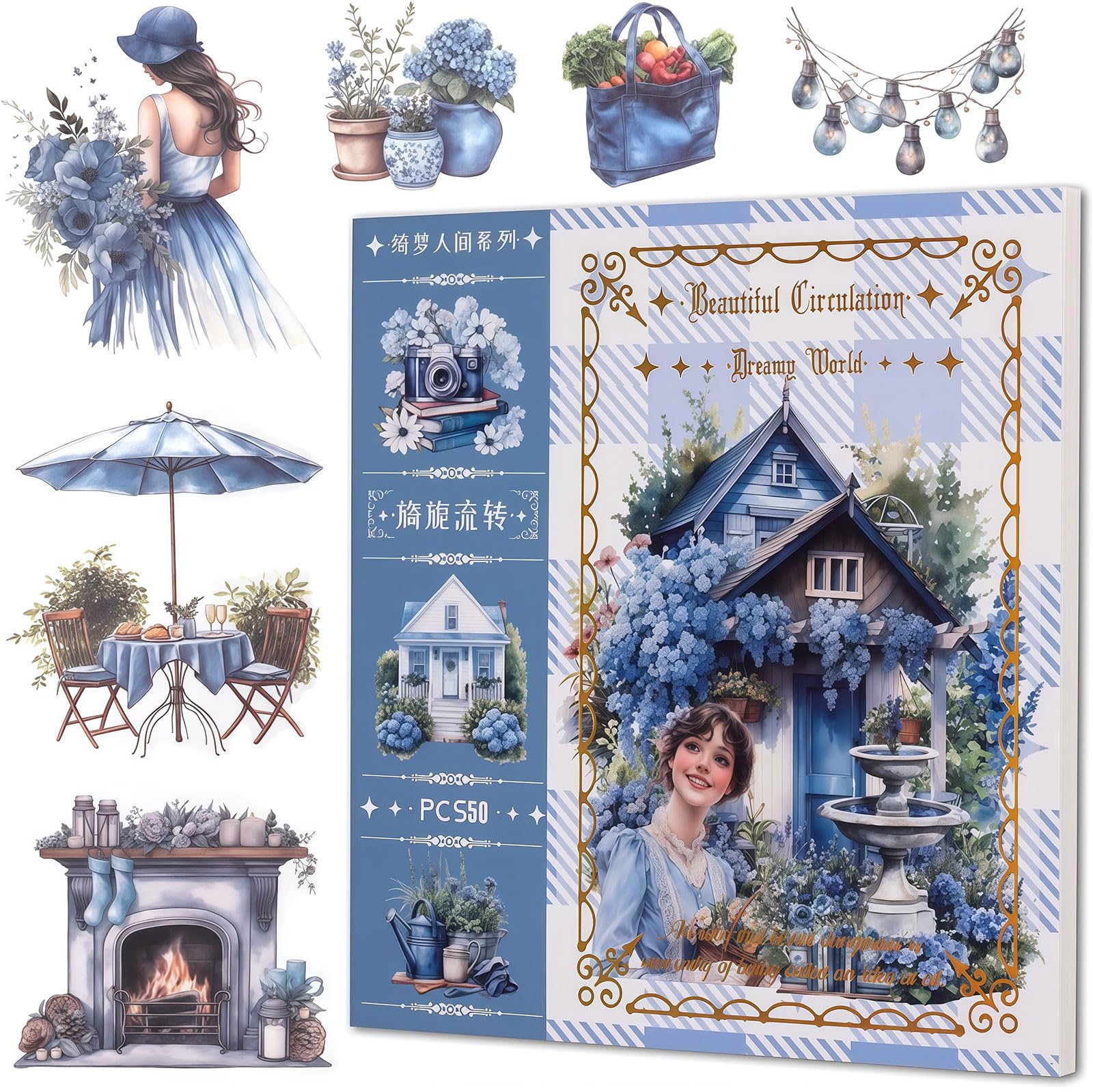 Bafutayawa Sticker, Journaling Sticker Set, 50 Sheets Washi Sticker Book for Scrapbook and Junk Journal, Blue Decorative Scrapbooking Accessories