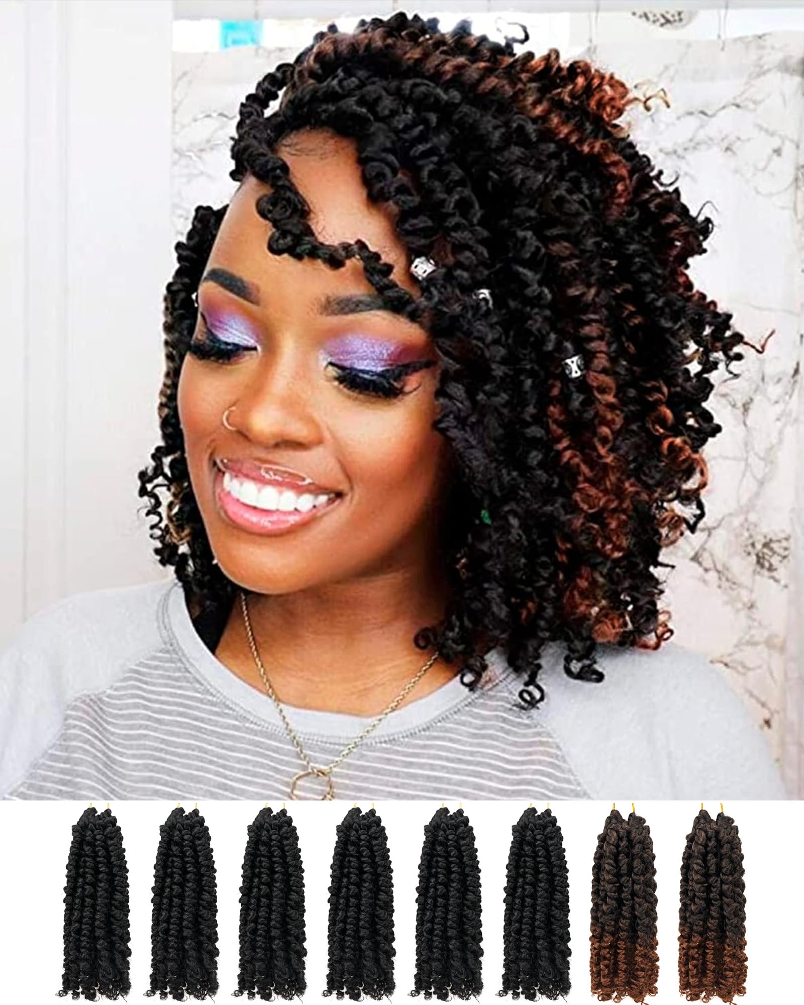 Passion Twist Crochet Hair 8 Inch Pre Looped - Mixed Color Combo Pack (6 x 1B + 2 x T1B/30), Pre-twisted Soft & Bouncy Synthetic Braided Hair