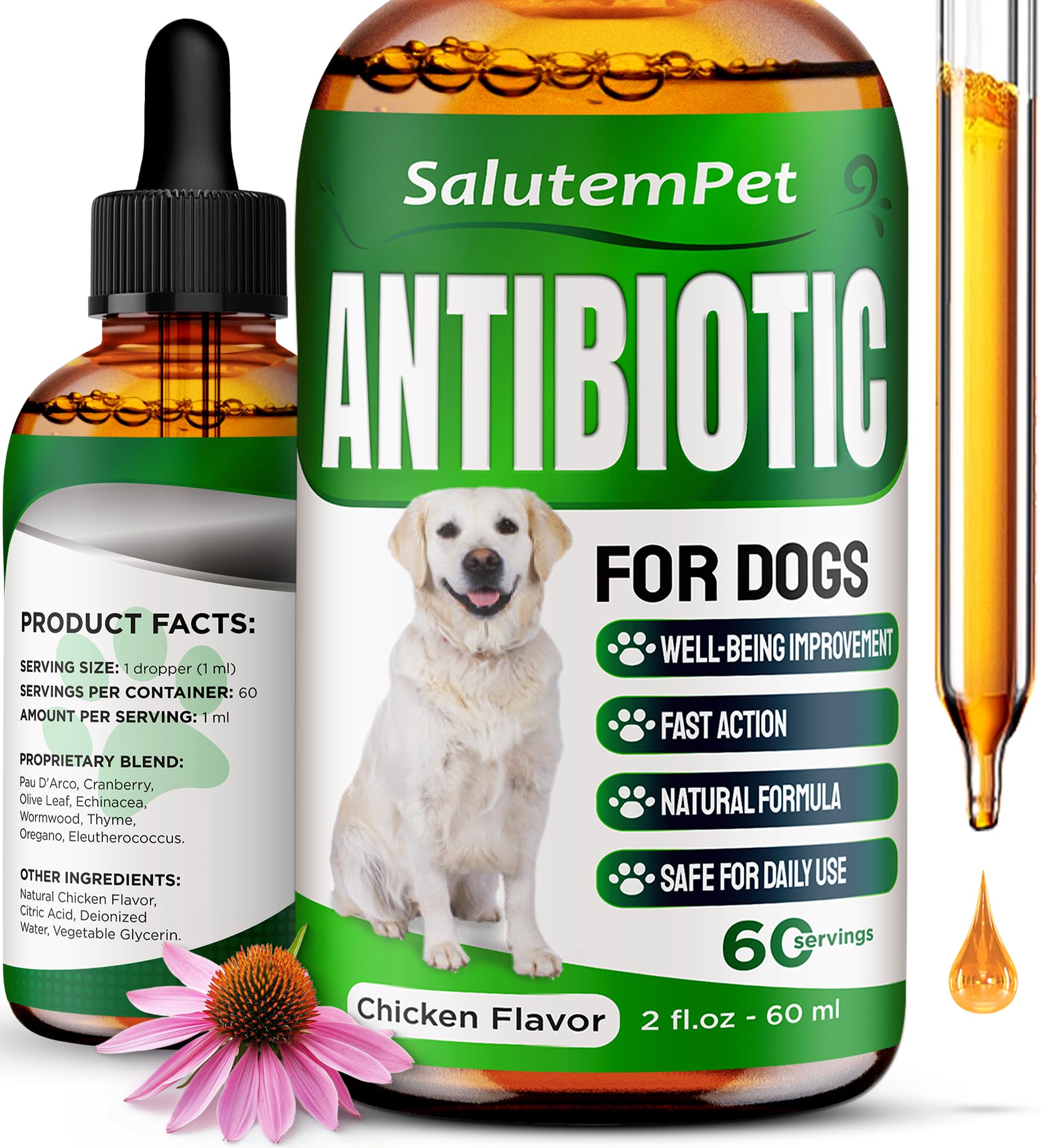 Dog Antibiotics for Infections, Cough, & Itching | Natural Antibiotics for Dogs for All Ages to Promote Wound Healing | Dog UTI Treatment and Tooth Infection Treatment | Chicken Flavor | 2 Oz