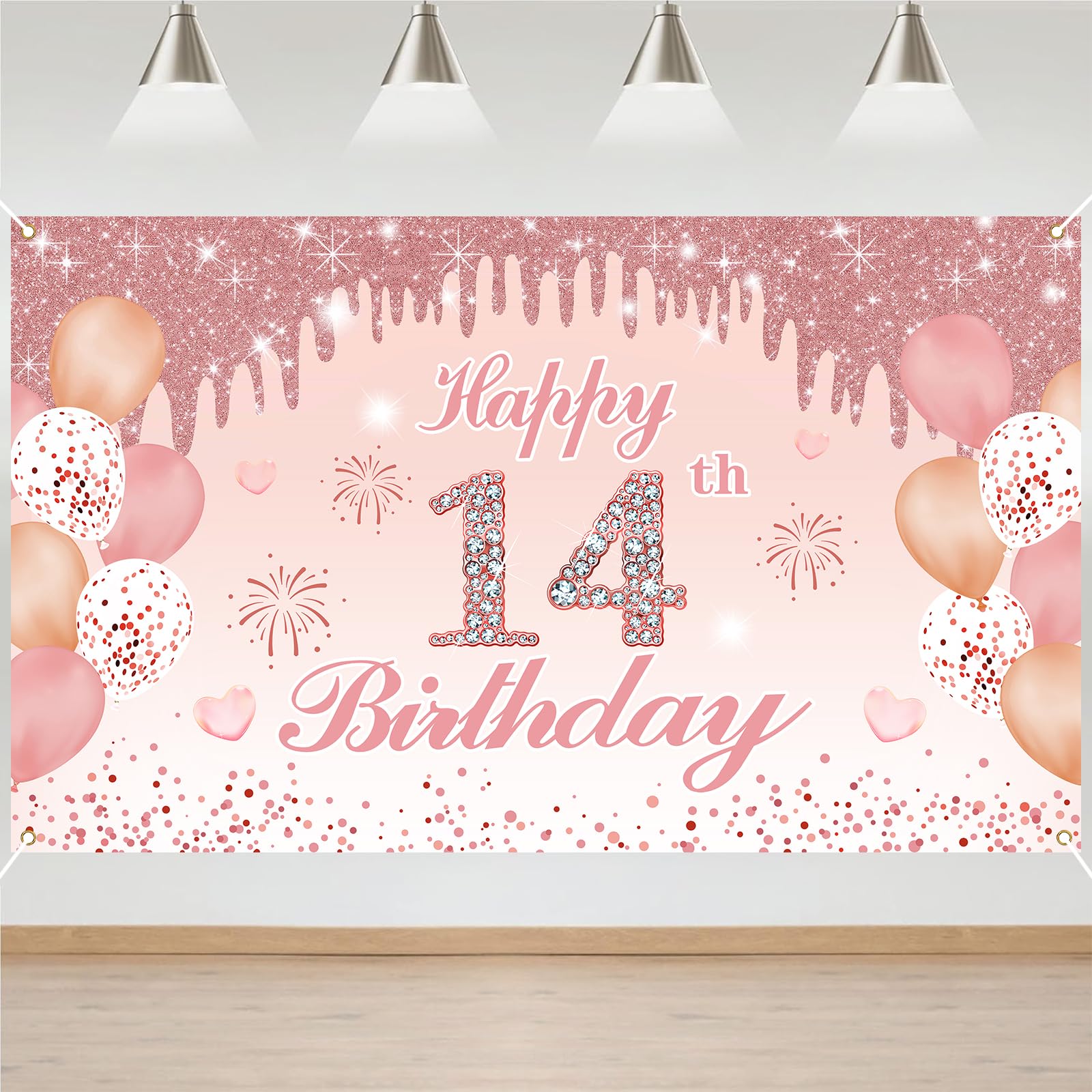 14th Birthday Decorations Door Banner Pink Happy Birthday Banner for Party Backdrop for Women Home Outdoor Cover Party Decoration Supplies Poster — image 1