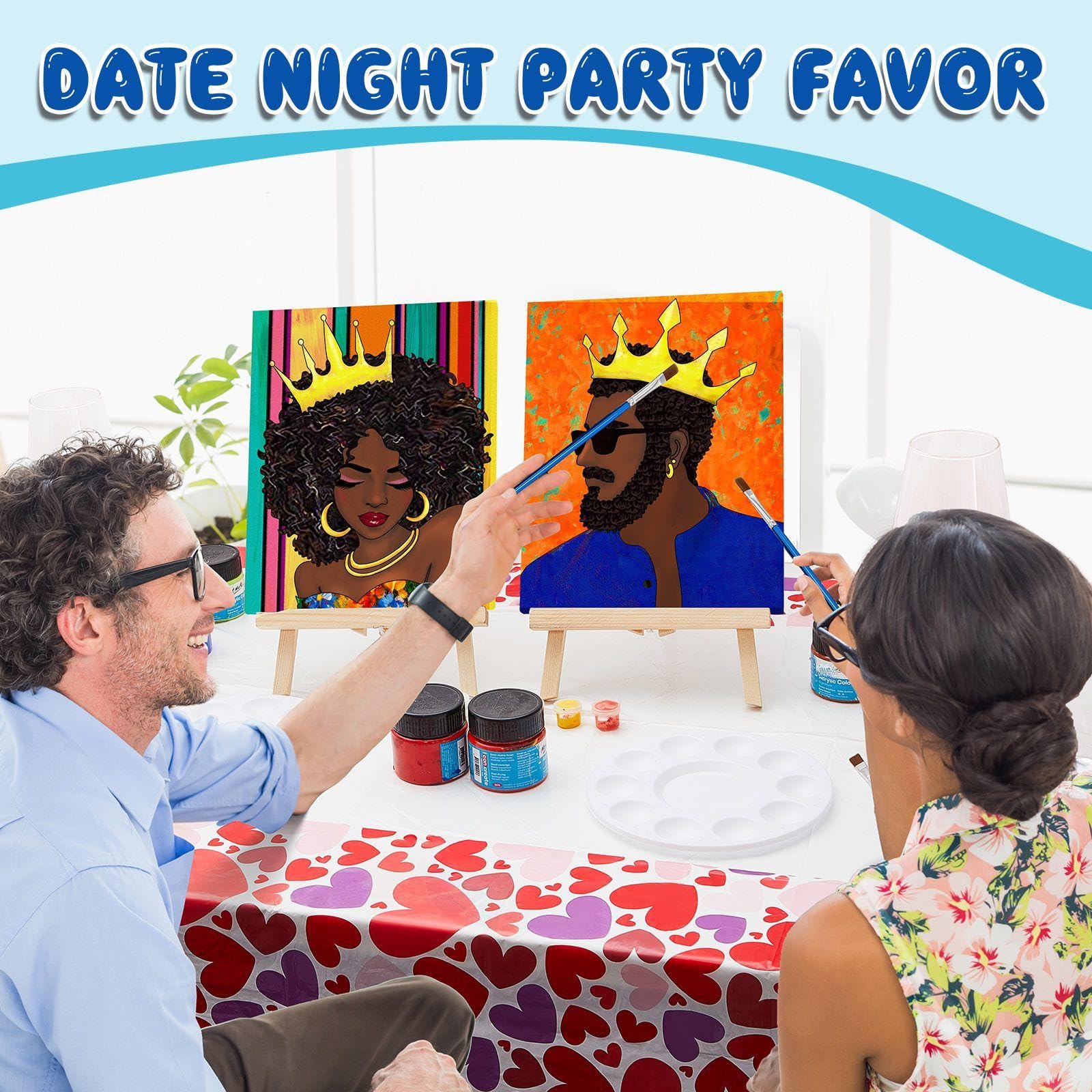 Yeaqee 13 Pcs Valentines Sip and Paint Kit for Couples Date Night Painting Kit Supplies Canvas Art Painting Set Outline Design Blank Stretch Canvas for Couple Adults Party(Afro King Queen,8x10)