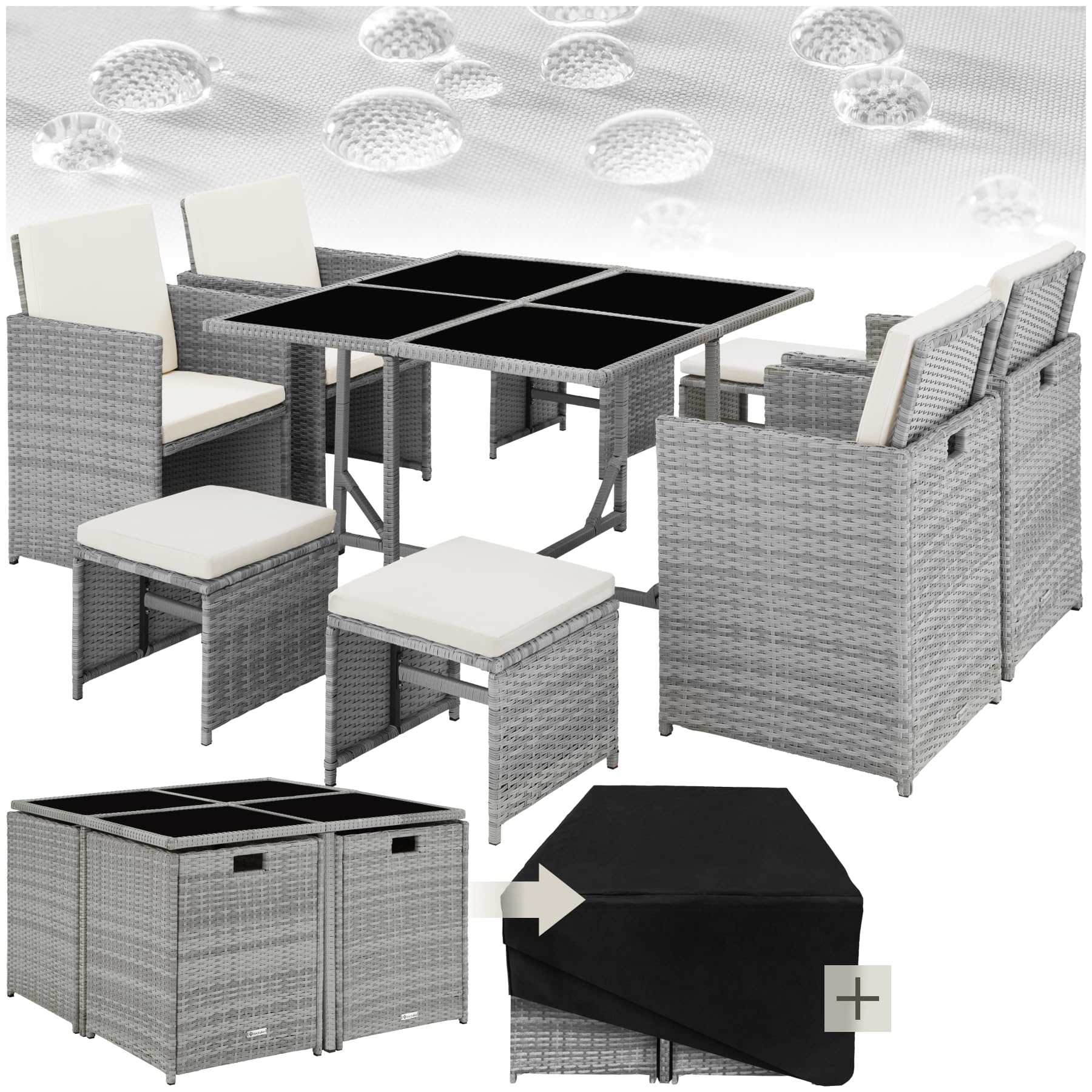 TecTake® Conjunto Jardín Exterior de Ratán y Acero, Agrupable en Cubo, Muebles Jardín Exterior Resistente a la Intemperie, para 4-8 Personas, Fundas Extraíbles y Funda Protectora - Gris Claro