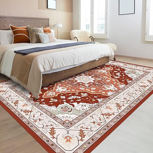 Miniatura 3 de HOMFINE Alfombra de área de 6 x 9 pulgadas, suave, lavable con respaldo antideslizante, patrón floral de plantas naranjas, alfombra vintage para