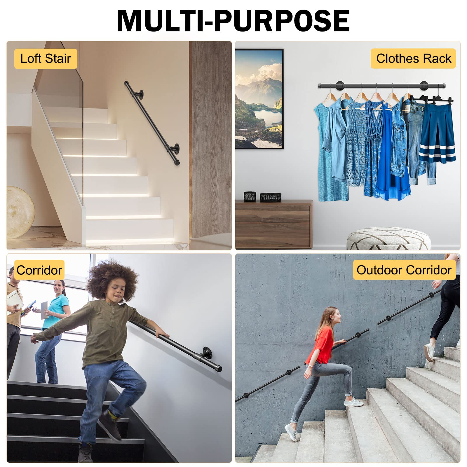 Handlauf für Treppen, Handlauf Treppengeländer Innen und Außen, Handlauf Schwarz mit Rutschfestem, Rostfreiem, Industriellem, Verzinktem Stahlrohr für Küche BadGarten, 1 M