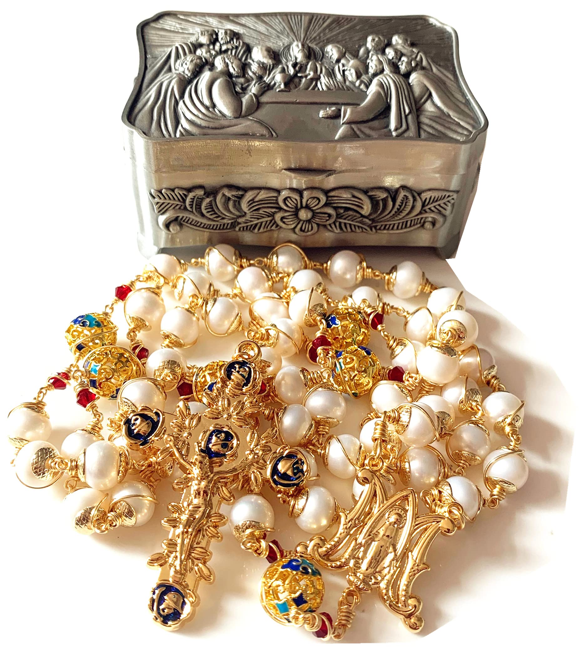 elegantmedical HANDMADE Gold Plated Wire Wrapped Bead AAA White 9mm Real Pearl & Enamel Bead Rosary Cross NECKLACE BOX