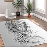 Black and White Style Area Rug Modern Minimalist Peony Flowers and Good Luck Koi Fish Pattern Non-Slip Low Pile Thin Carpet for Hallway 3'x4'
