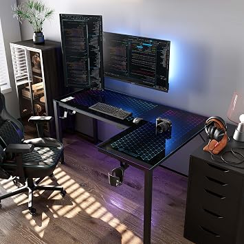 EUREKA ERGONOMIC RGB LED Lights 60 Inch L Shaped Reversible Black Glass Gaming Desk Home Office Computer Table GTG L60