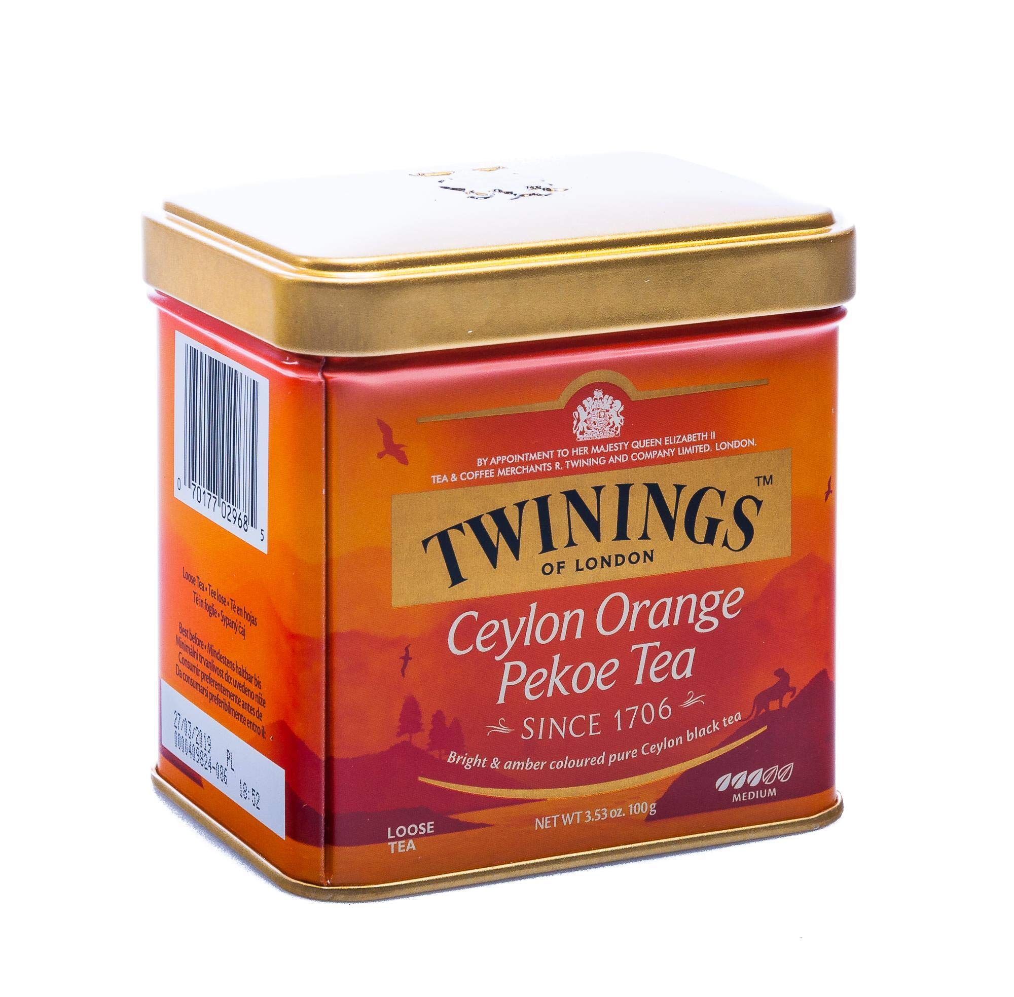 Twinings Ceylon Orange Pekoe, lattina per tè sfuso, 100 g, tè nero, l'aroma rinfrescante caratterizza questo tè. Black Tea Confezione da 6 (6 x 100 g)