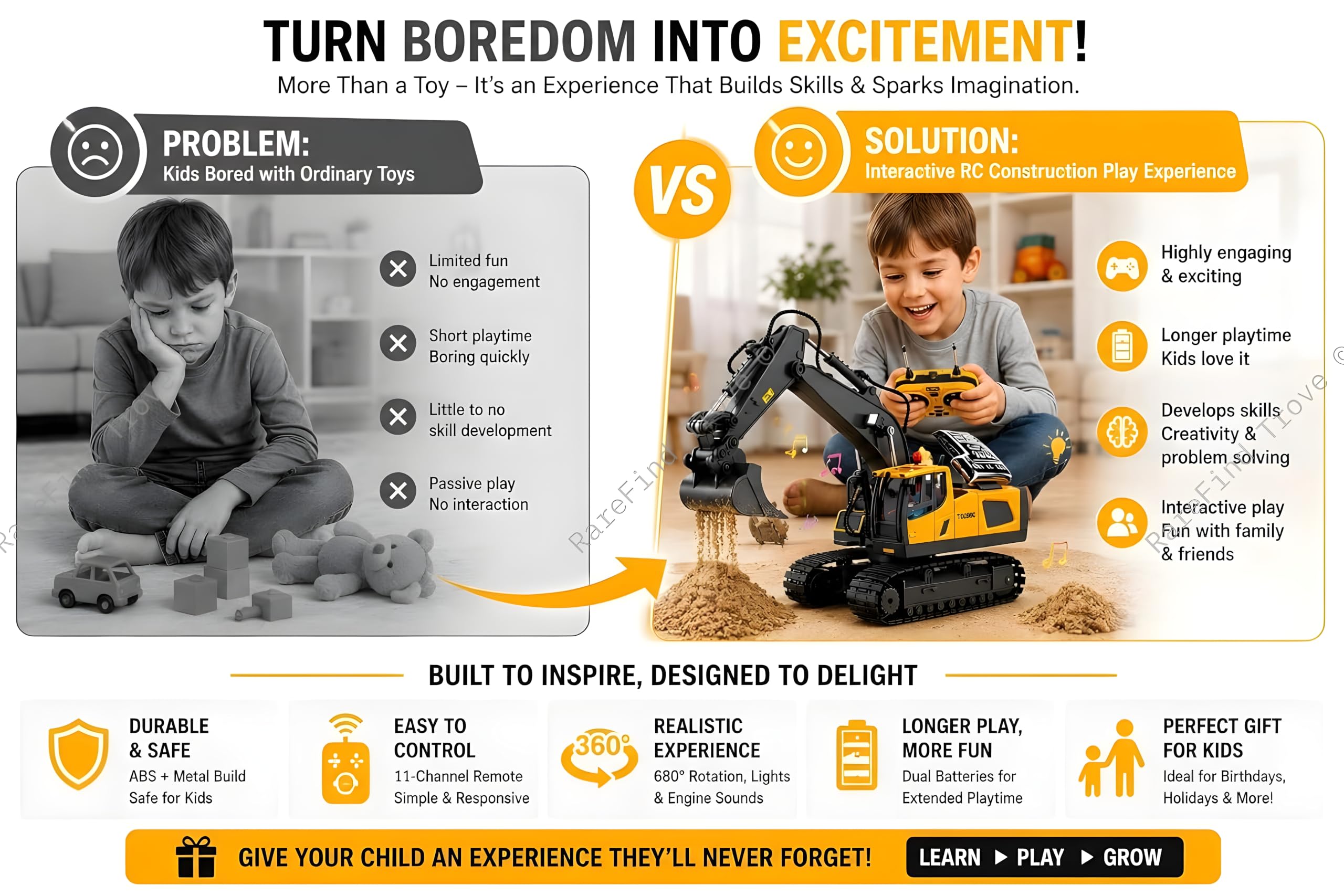 RareFind trove RC JCB Toy Excavator for Kids – 1:20 11-Channel Metal Remote Control Construction Vehicle with Lights, Sounds & 680° Rotation Yellow Digger Truck (Ages 6–12) 2