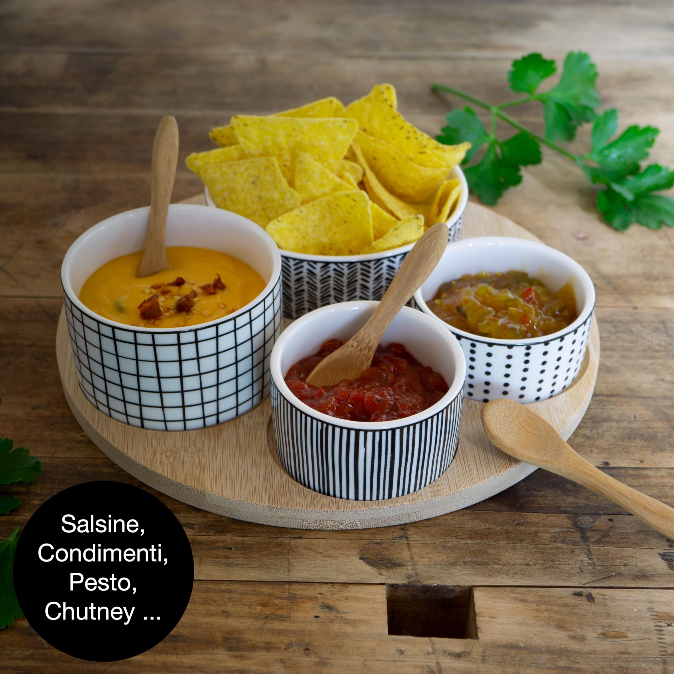 Antipastiera set aperitivo 4 ciotole in ceramica nera base bamboo antipastiere