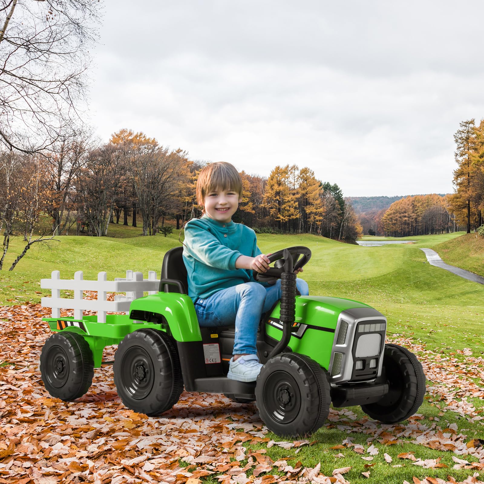 LALAHO Kinder Traktor mit abnehmbarem Anhänger LED Musik USB Hupe | Aufsitztraktor mit vielfältigen ofunktionen für Kleinkinder