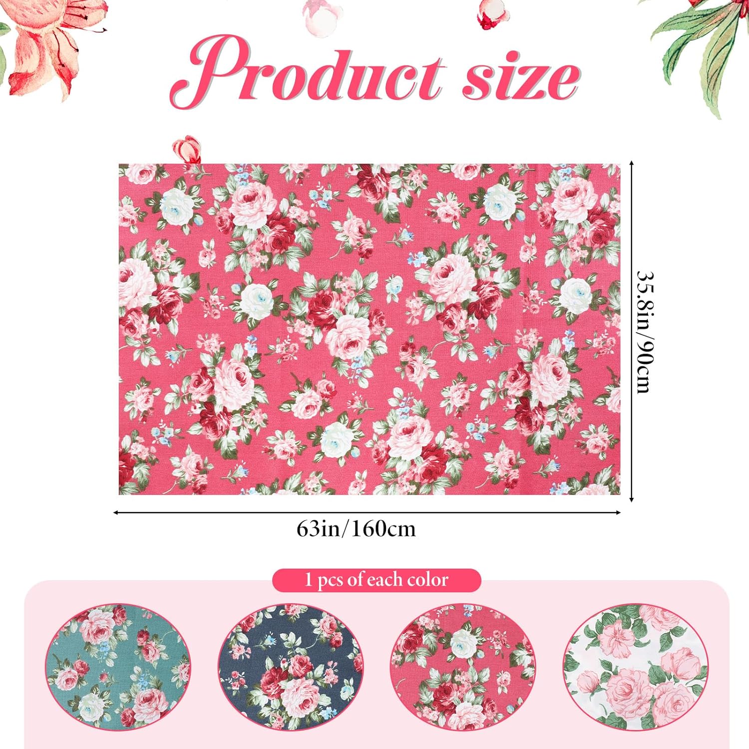 4 Pcs Floral Cotton Fabric by The Yard, 62 in×1 Yard Each, Rose Pattern Print Quilting Fabric Bundle, Nostalgic Romantic Flower Print Fabrics, Washable Cloth Bundles for Quilting Sewing Crafts Decor