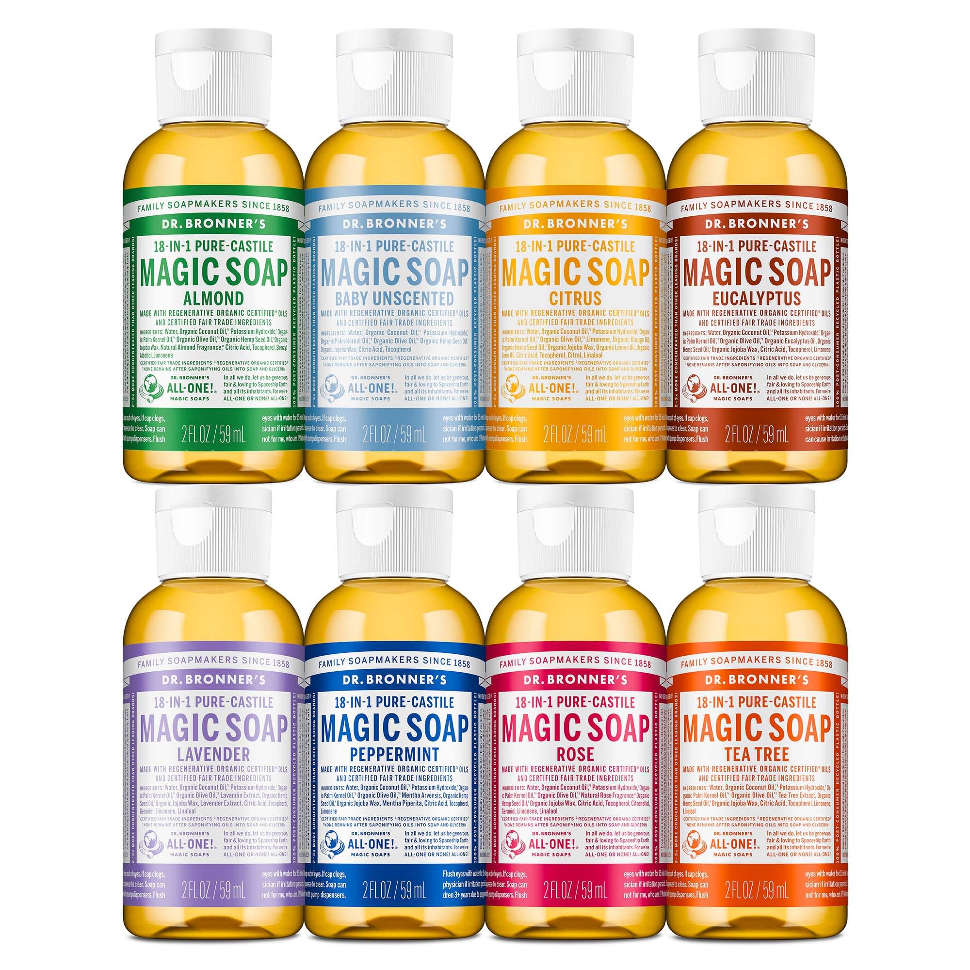 Dr. Bronner?s 2 Ounce Sampler- 8 Piece Gift Set. 8, 2 Ounce Castile Liquid Soaps in Almond, Unscented, Citrus, Eucalyptus, Tea Tree, Lavender, Rose, and Peppermint