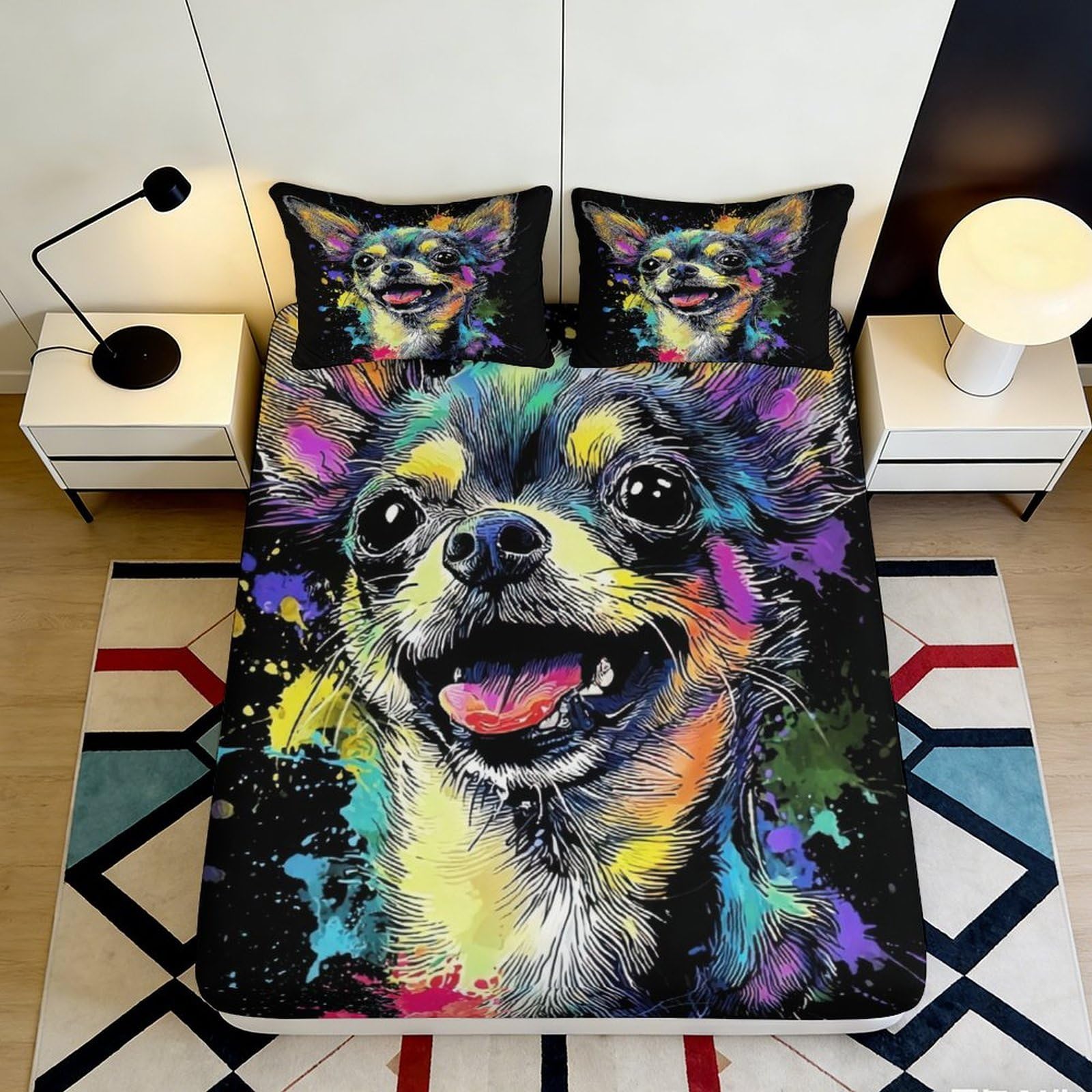 Decorative Chihuahua Fitted Sheet, 3D Printed, Microfiber Soft Touch, Bed Cover for Bedroom Guest Room, Wrinkle Resistant, Apartment Bedding 90x200x25cm