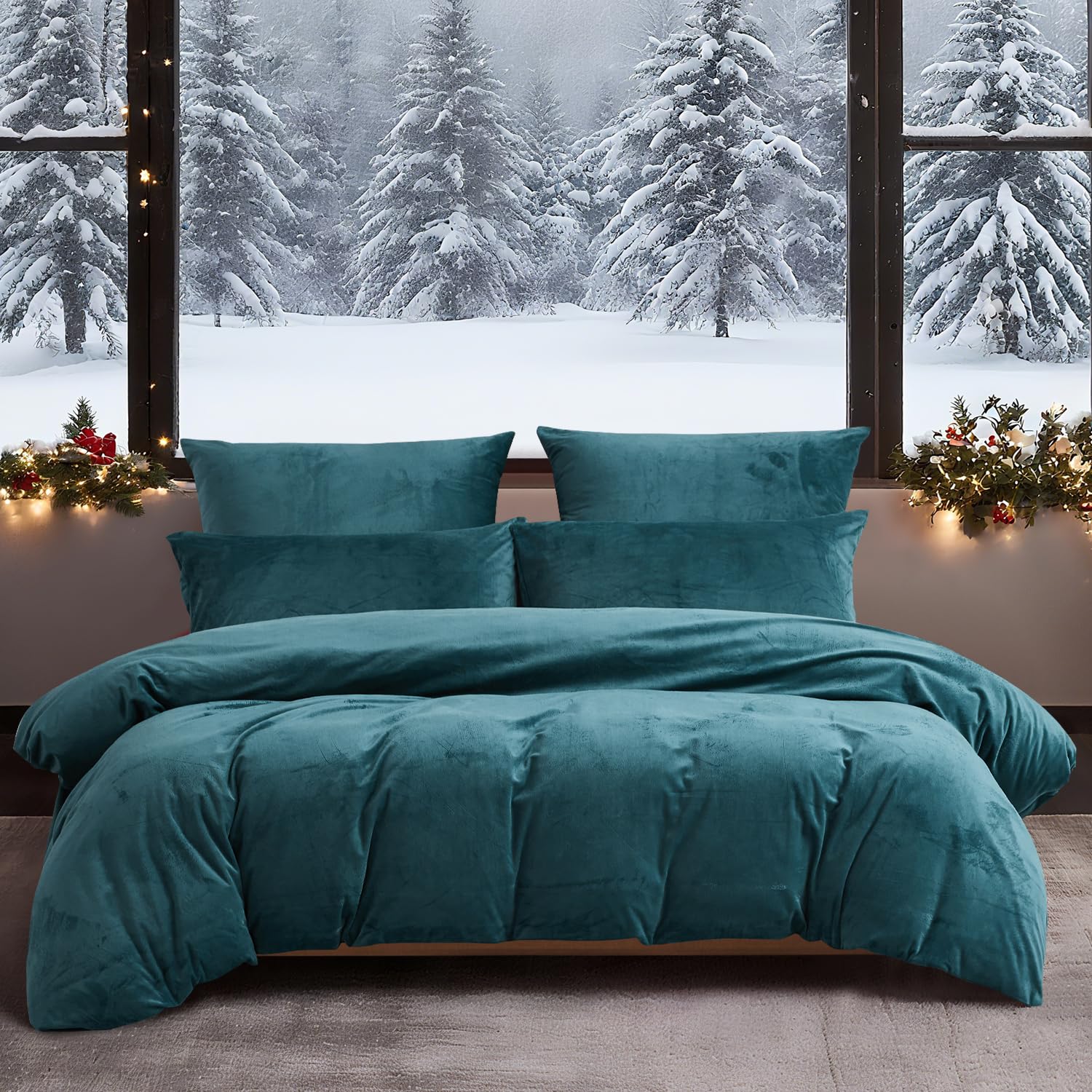 Ropa de cama de invierno 220x240 cm color petróleo liso cálida acogedora mullida ropa de cama de invierno suave cálida de terciopelo felpa vellón franela juego de funda nórdica de 3 piezas con