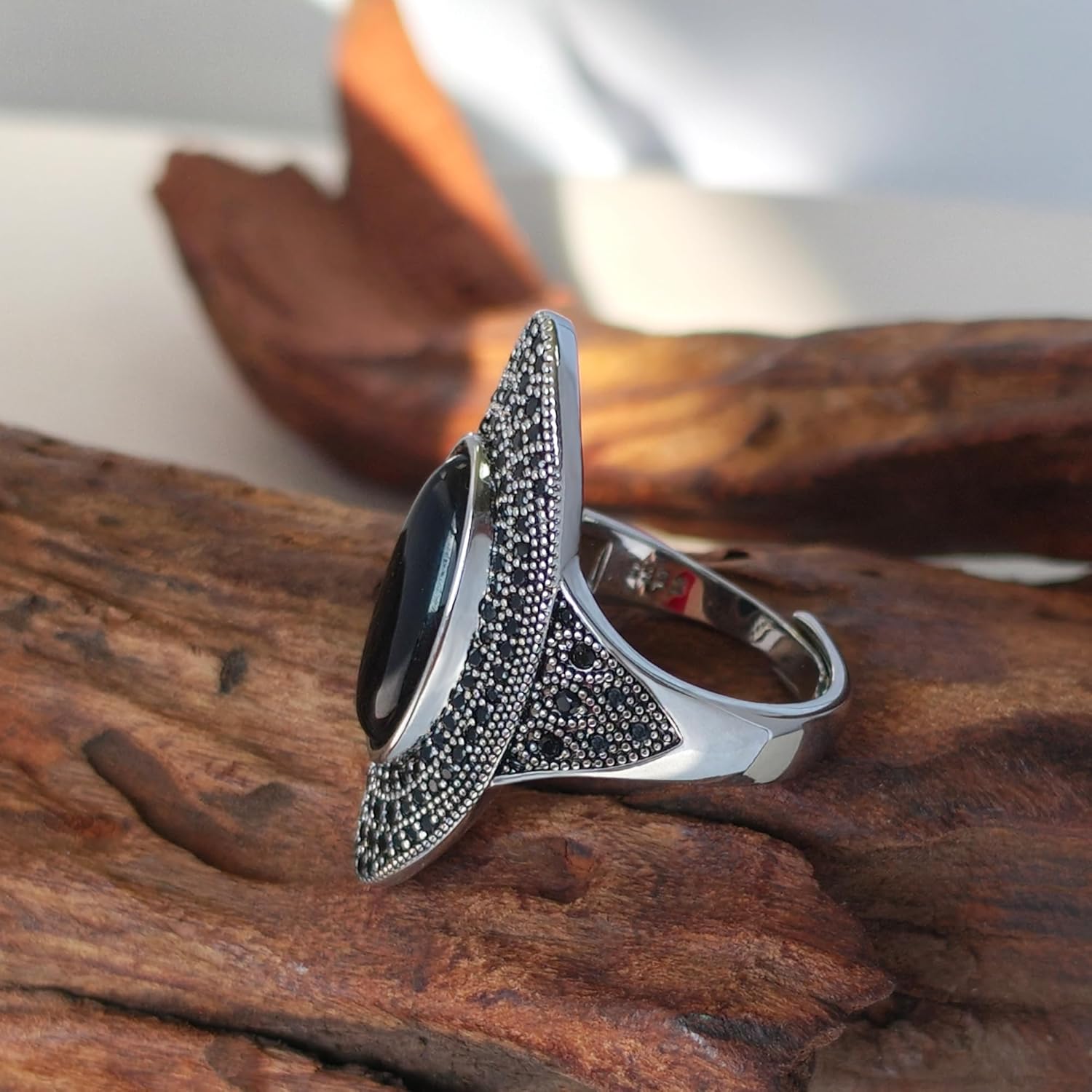 Adjustable Black Onyx Statement Ring, Oval and Marquise Solitaire in 925 Sterling Silver,An Artisan Statement Piece for Her