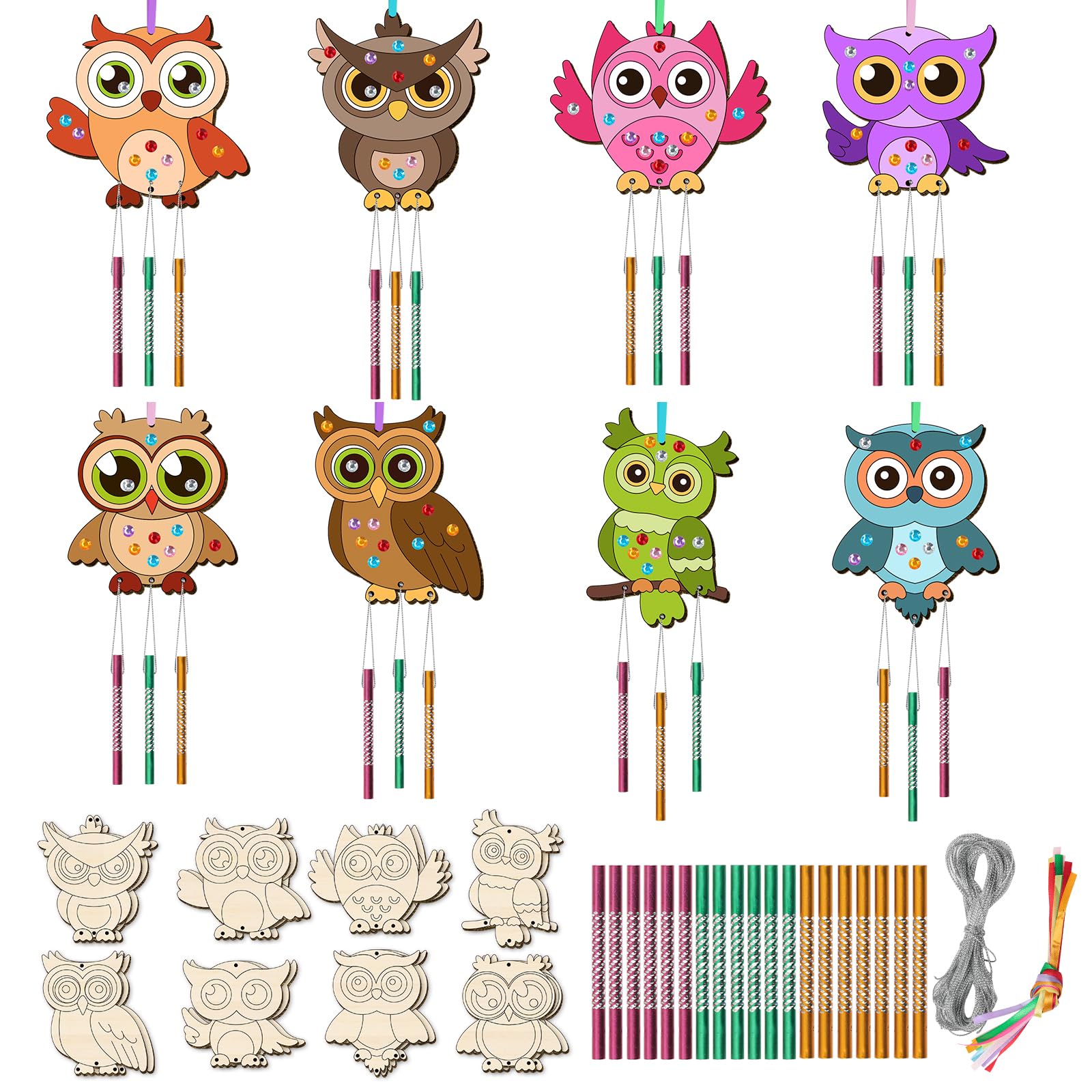 TREACLUB 16 Pack Fall Owl Wind Chime Kits for Kids, Make Your Own Owl Wind Chime DIY Coloring Paint Wooden Arts and Crafts Birthday Game for Girls