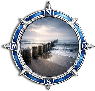 DARO Design Küsten Wandbild Rund Ø 20 cm – Nordsee Motiv mit Buhnen und Meer – Maritime Dekoration im Kompass-Stil – Wandaufhängung oder Acrylständer inklusive