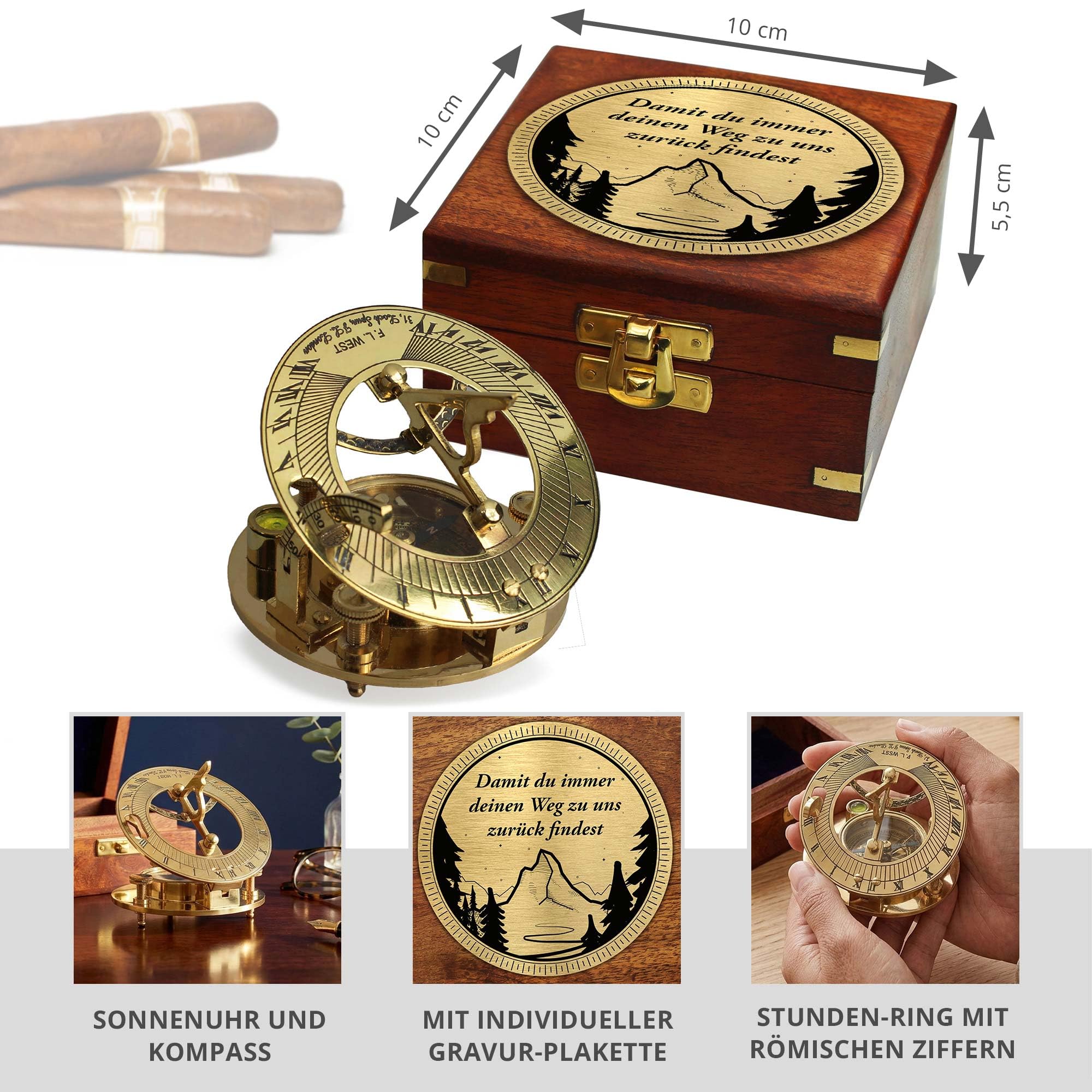 Casa Vivente Sonnenuhr-Kompass aus Messing mit eleganter Holzbox und personalisierten Gravur, Nautische Geschenkidee