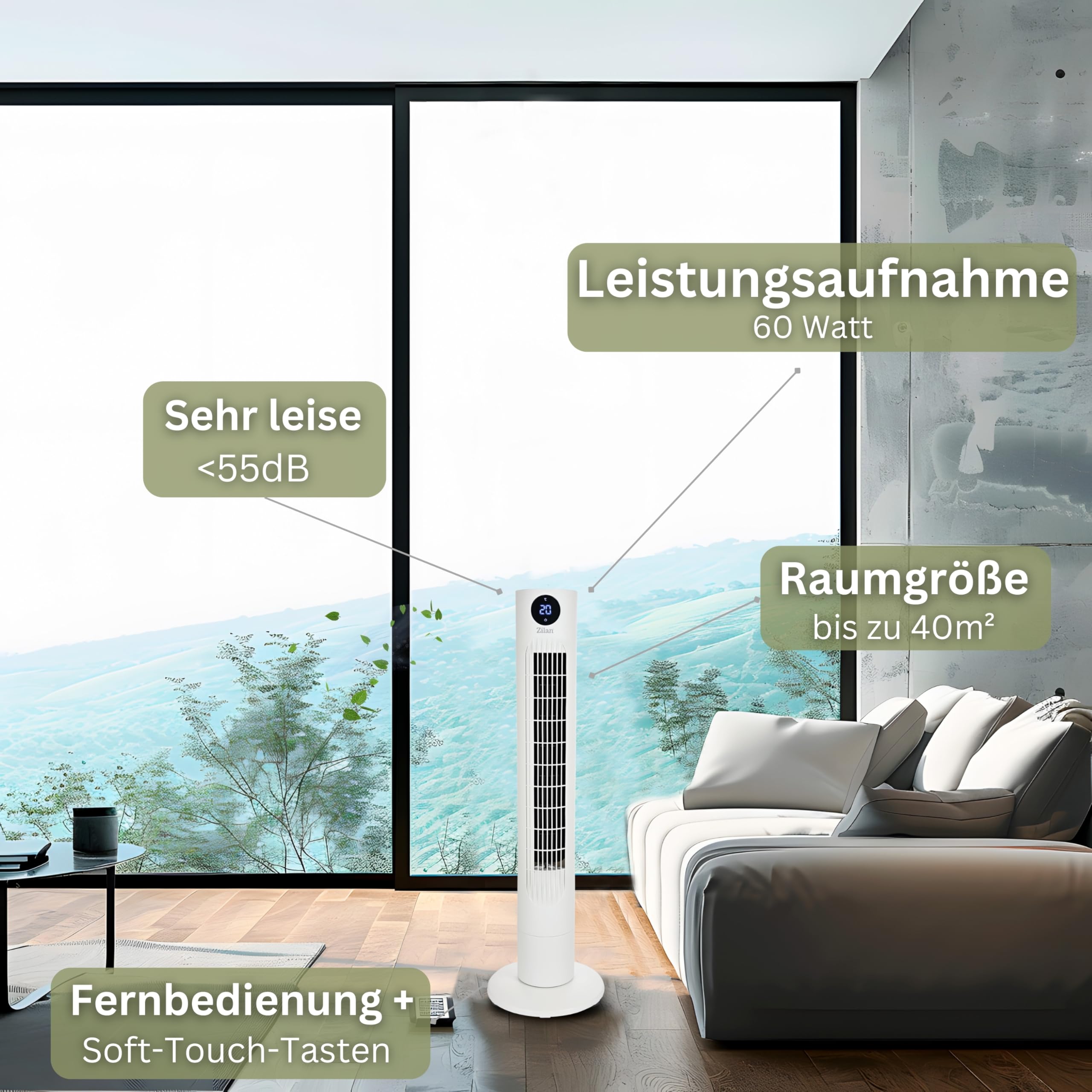 Zilan Turmventilator sehr leise mit Kühlung Standventilator energiesparend Säulenventilator mit Fernbedienung 3 Modi Ventilator Oszillierend 12h Timer LED-Display Tower Fan Aircooler Bodenventilator
