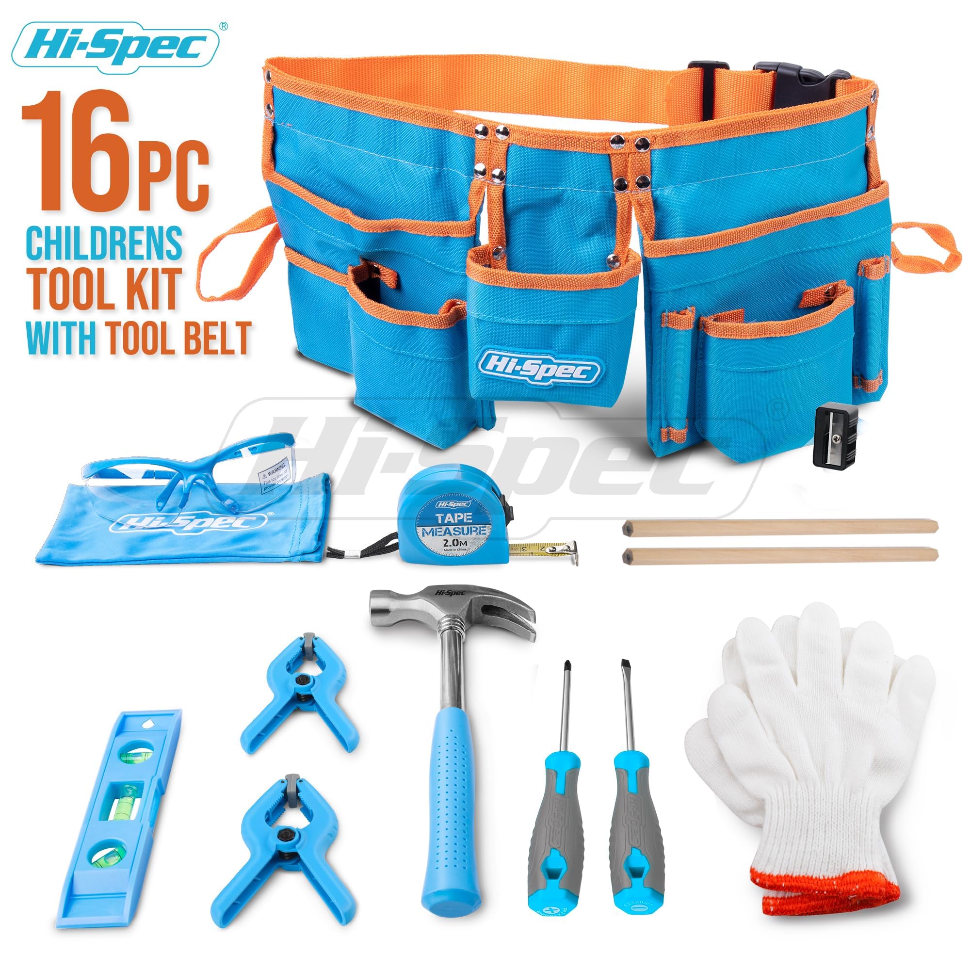 Hi-Spec Ceinture à Outils Enfant avec Kit de 16 Pièces - Gants, Lunettes de Sécurité & Vrais Outils pour Bricolage et Établi - Ceinture Porte-Outils Ajustable, Pratique et Sûre pour Enfants