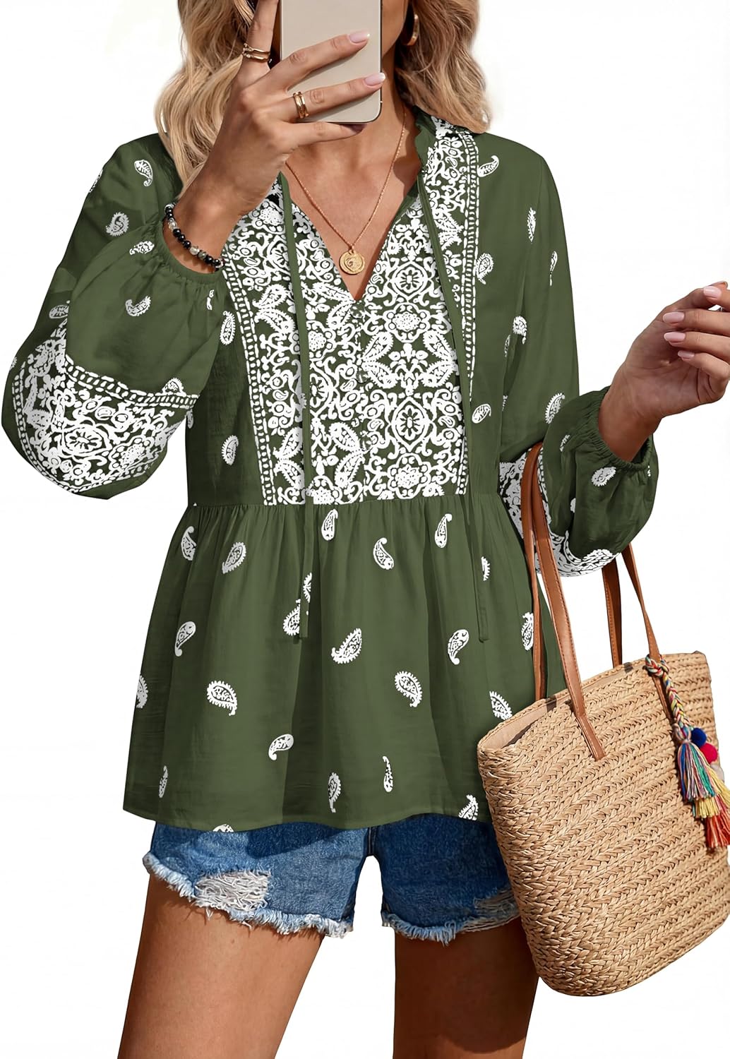 MASCOMODA Women Boho Babydoll Tops Spring Summer Casual V Neck Peplum Long Sleeve Blouses Flowy Shirts Beach Vacation Clothes - Image 5