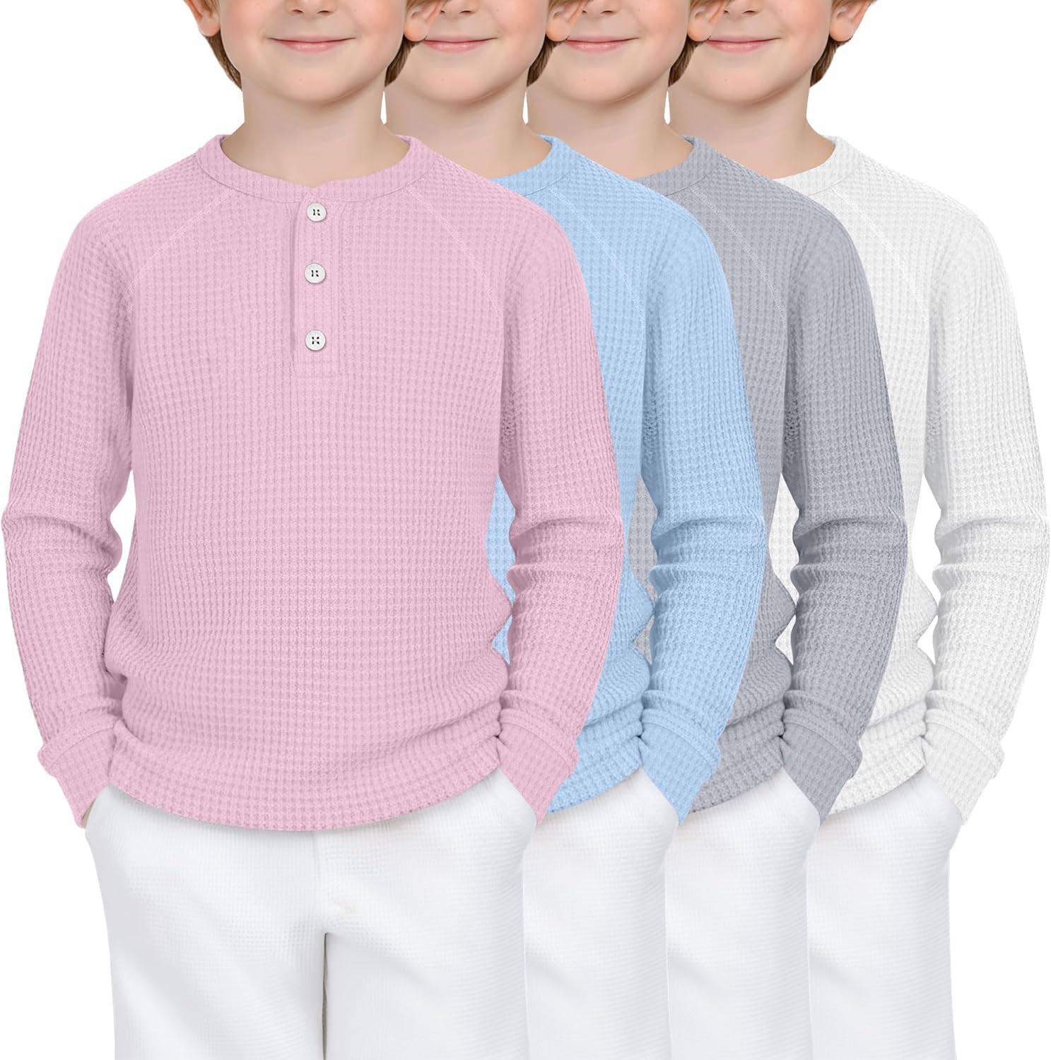 LessonZoo 4 Pack Boys Girls Waffle Henley Long Sleeve Shirts Thermal Tops Raglan Unisex Basic Tee for Baby Toddler Kids
