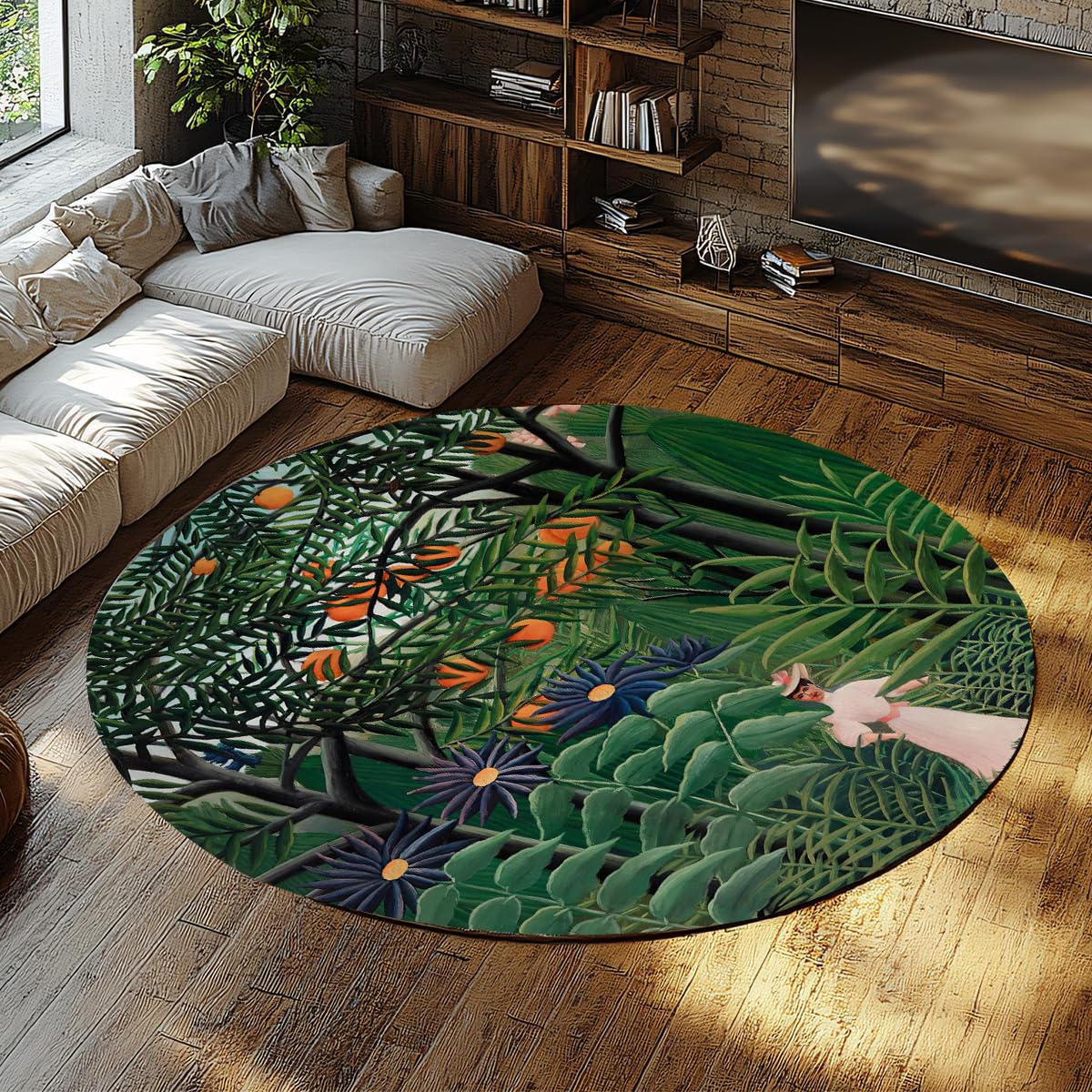 Tapis circulaire lavable 80cm pour décorer un petit salon jungle